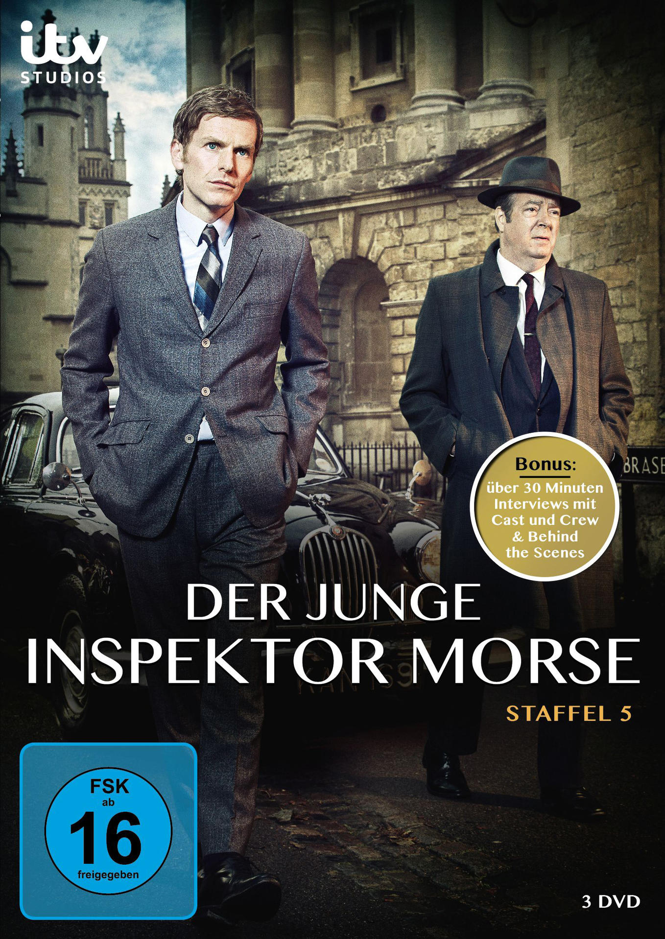 DVD-Cover für 'Der junge Inspektor Morse', mit zwei Männern in Anzügen und Text.