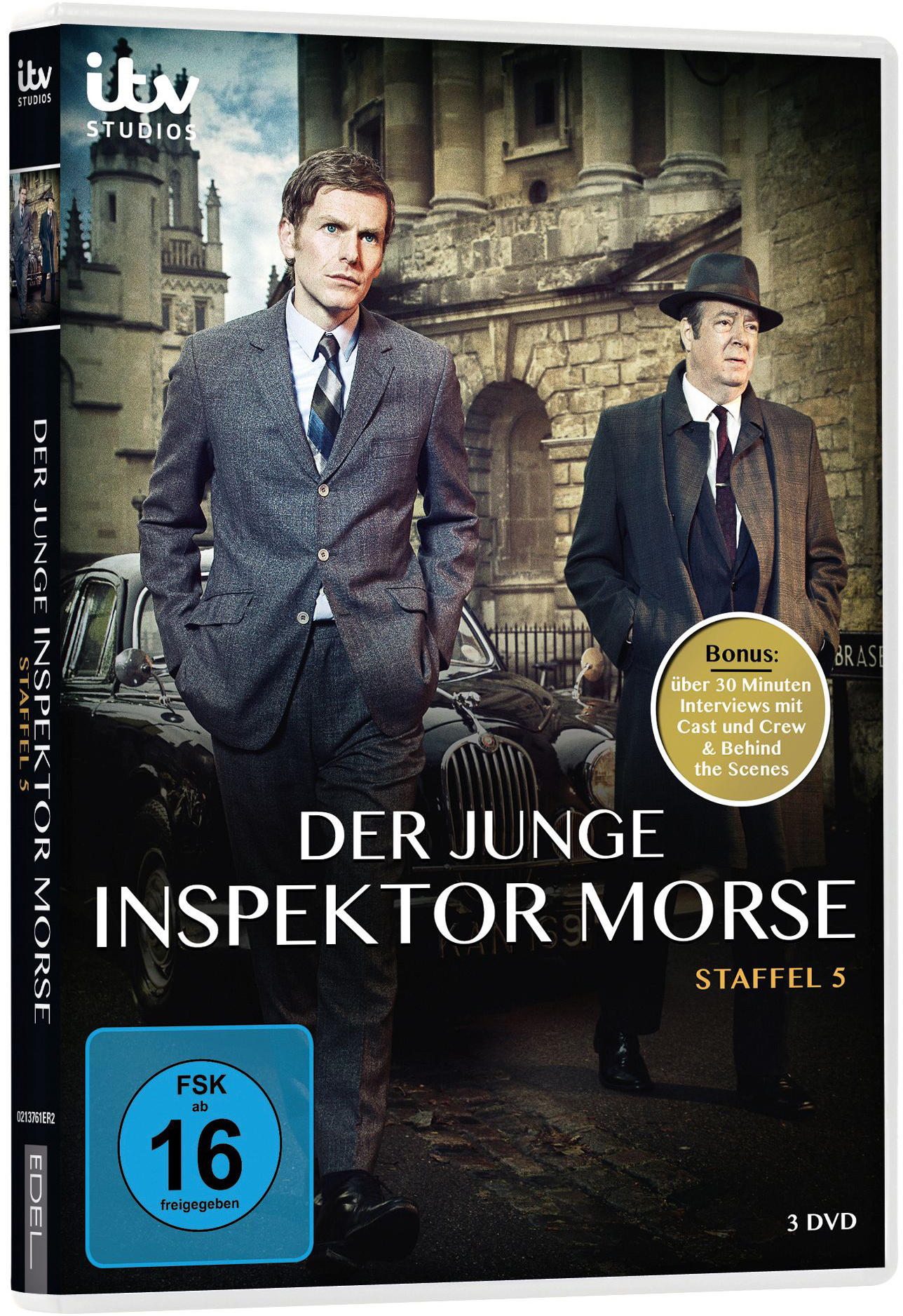 DVD-Cover mit zwei Männern in Anzügen. Text: Der Junge Inspektor Morse, Staffel 5.