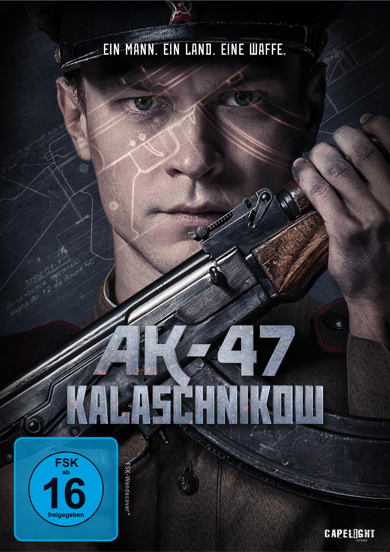 Filmposter für AK-47 Kalaschnikow. Ein Mann mit einer Waffe ist zentriert, mit Text und Filmfreigabe unten.