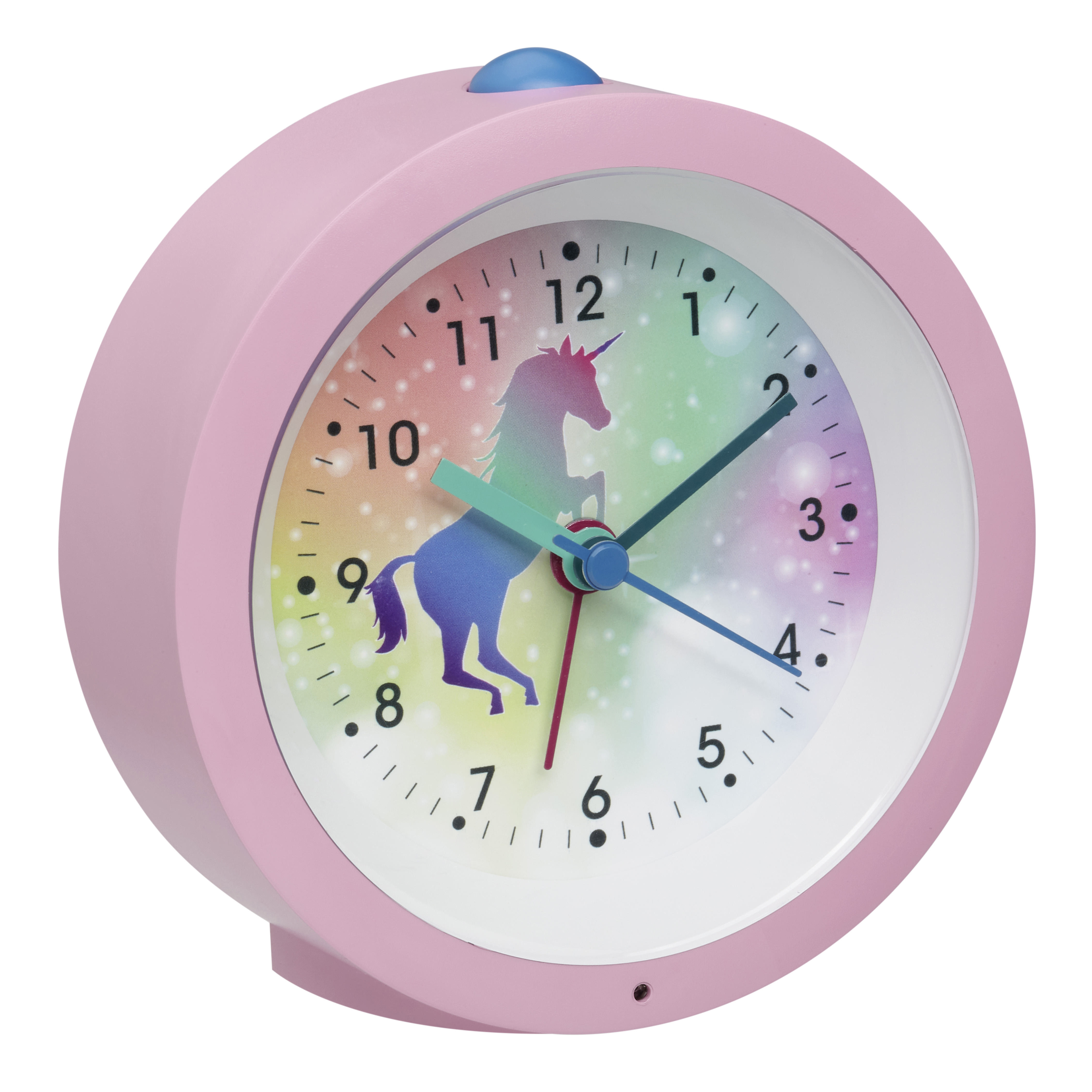 Pinker Einhorn-Wecker. Er hat ein regenbogenfarbenes Zifferblatt mit einer Einhorn-Silhouette.