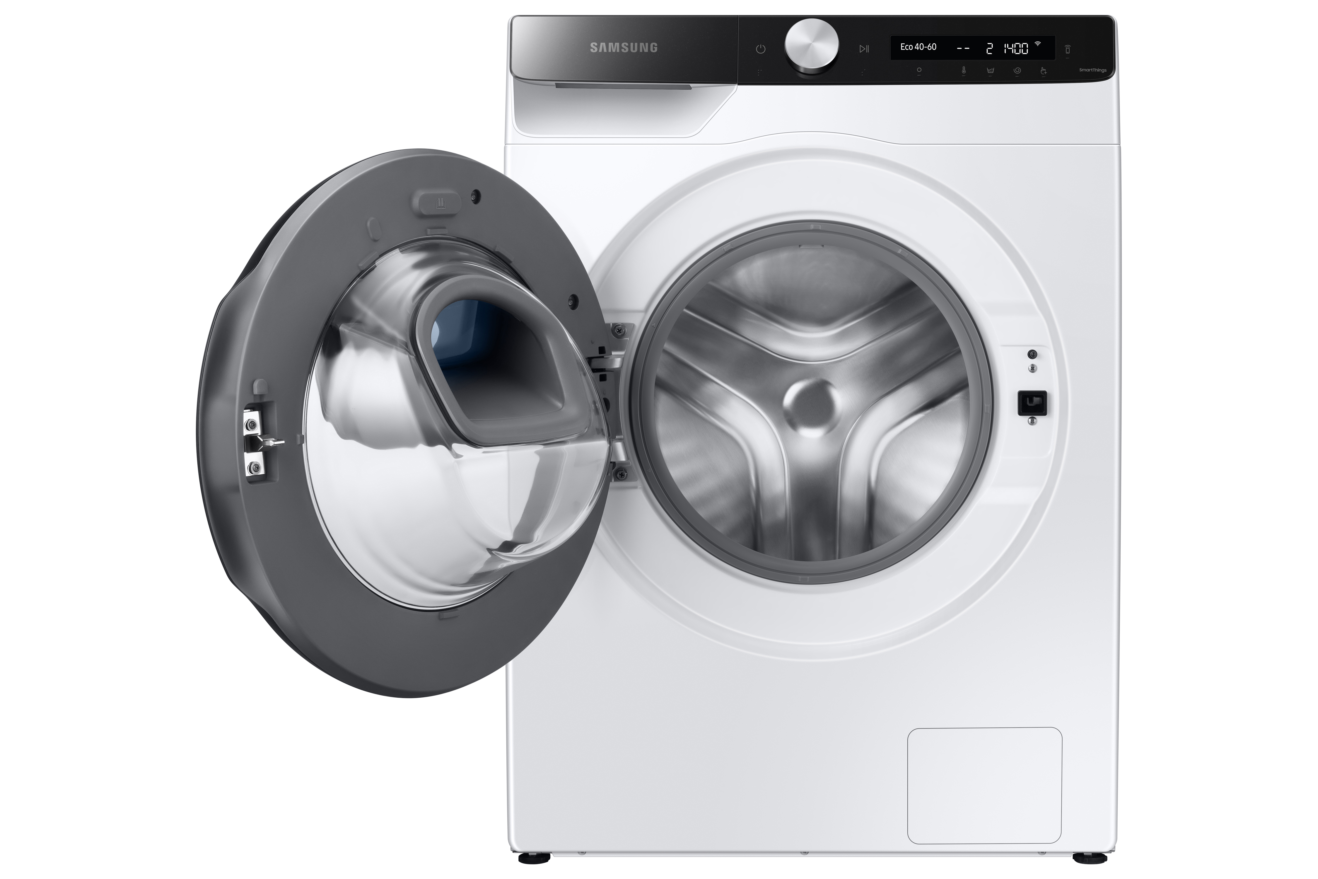 Weiße Samsung Waschmaschine mit offener Tür, isoliert auf Weiß.