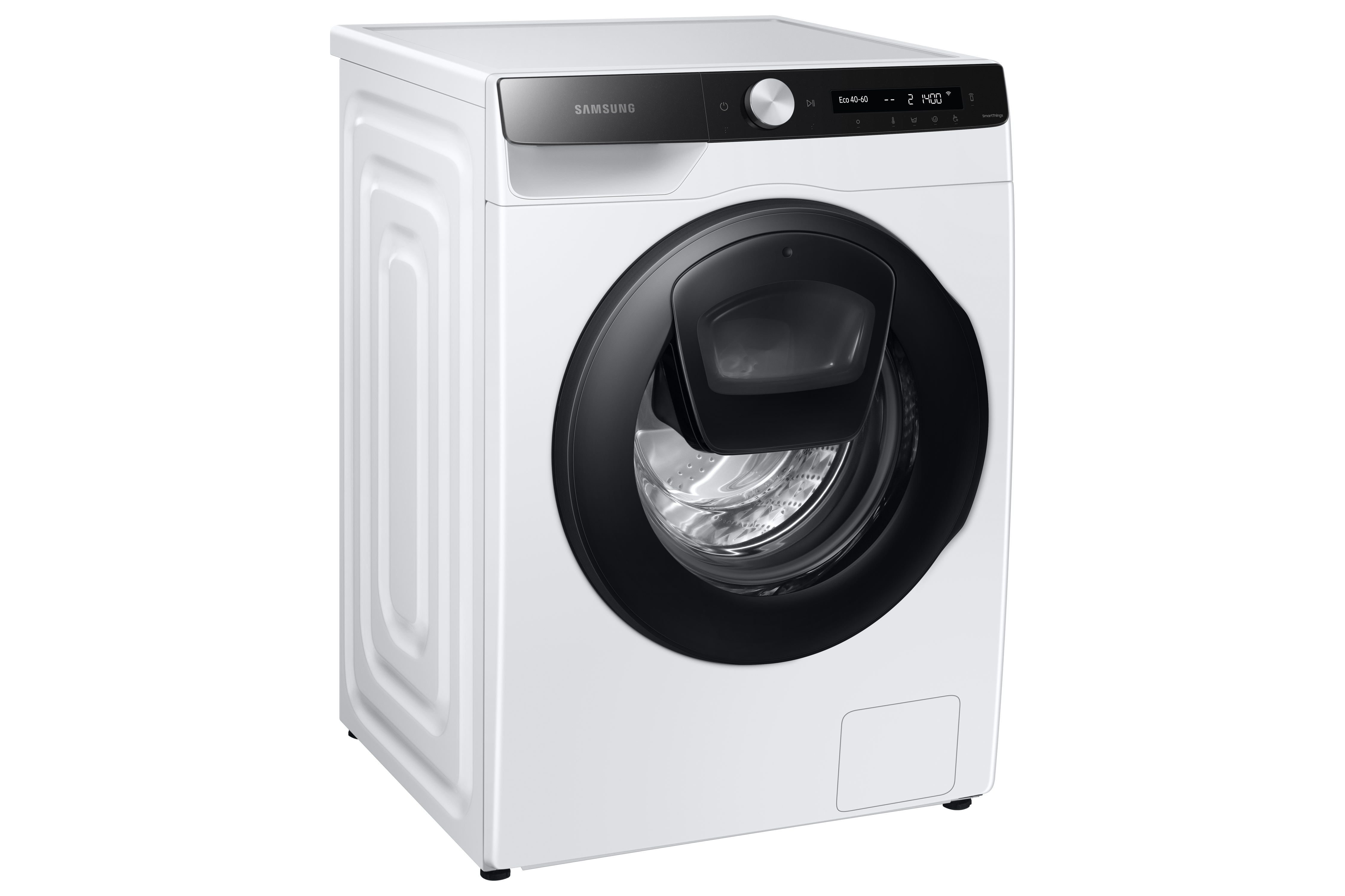 Eine weiße Waschmaschine mit schwarzer Tür und Bedienfeld oben.