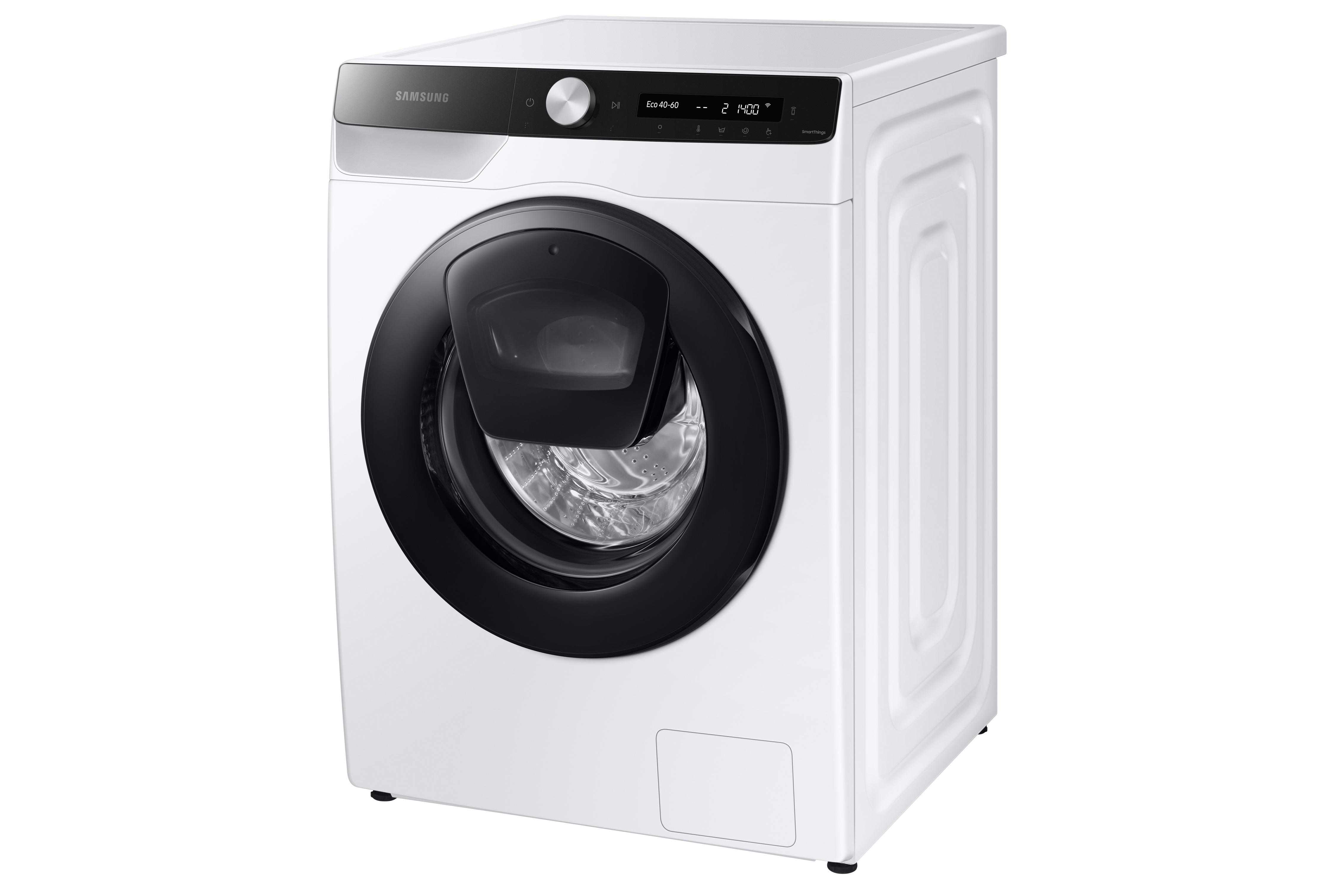 Eine weiße Samsung Waschmaschine mit schwarzer Tür und Bedienfeld.