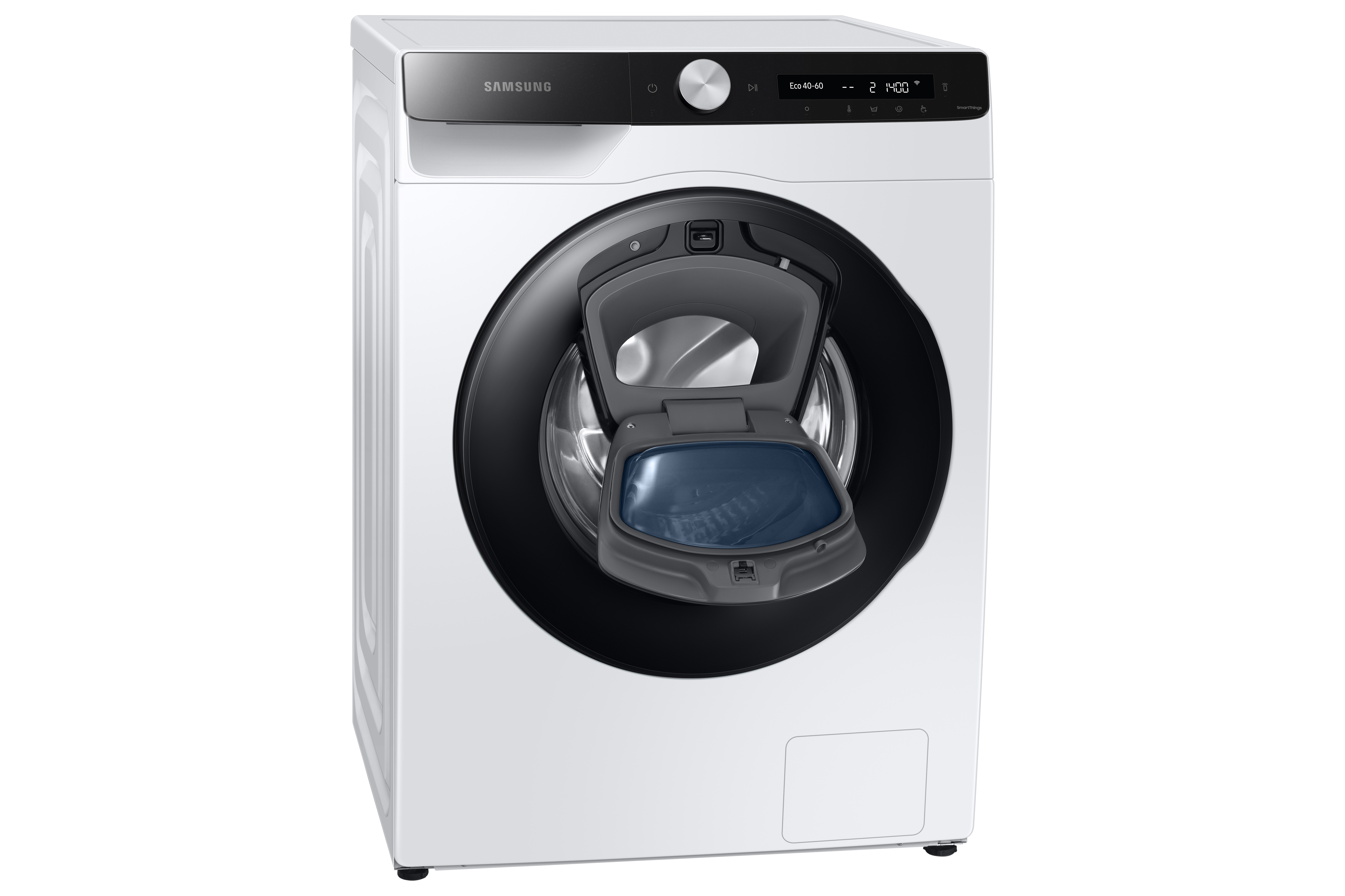 Eine weiße Samsung Waschmaschine mit offener Tür, die ein blaues Innenfach freigibt.