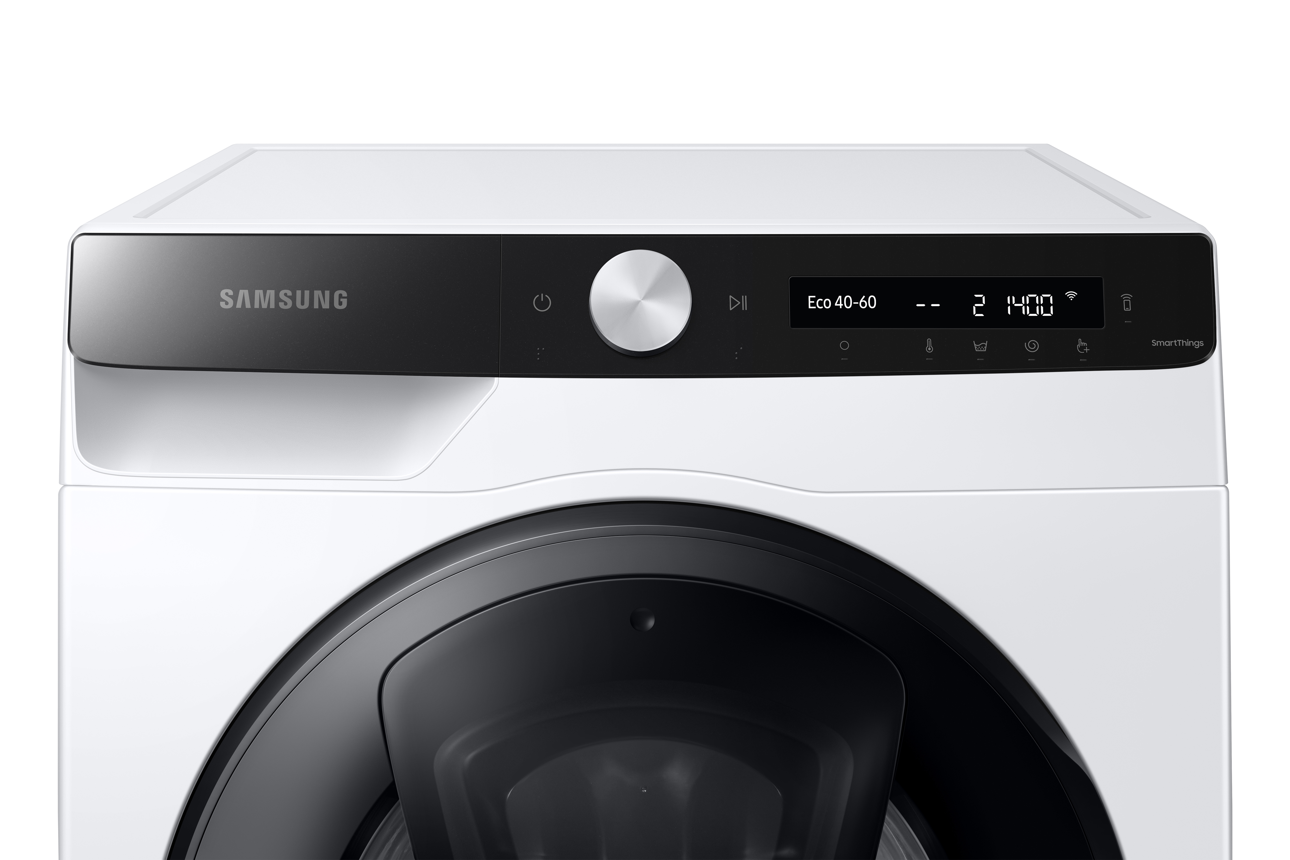 Nahaufnahme eines weißen Samsung Waschmaschinen-Bedienfelds mit schwarzem Display.