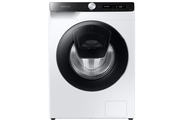 Samsung Waschmaschine, weiß mit schwarzer Tür und Bedienfeld, auf schwarzem Hintergrund.