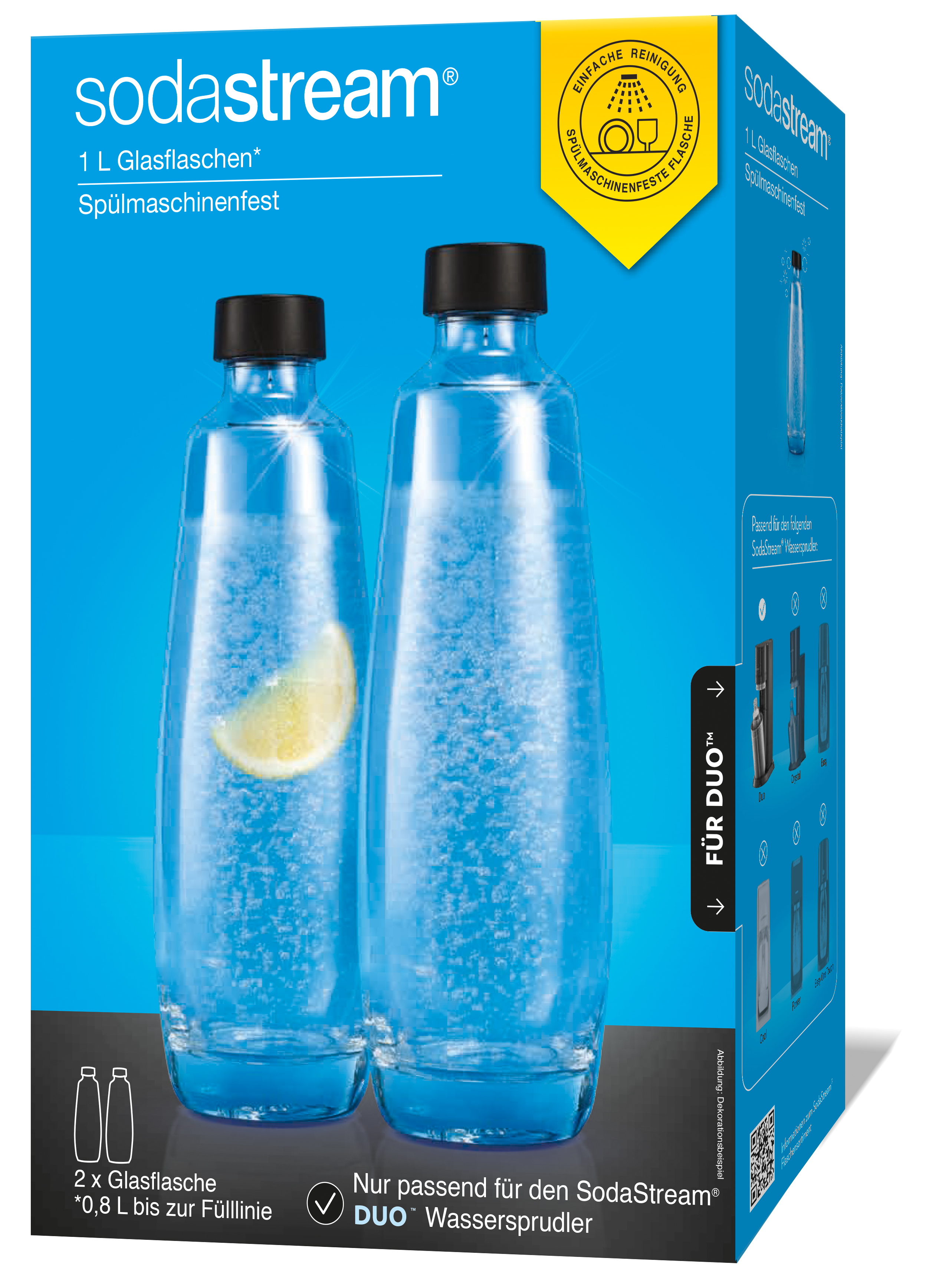 Zwei SodaStream-Flaschen mit Zitronenscheibe in einer blauen Box.
