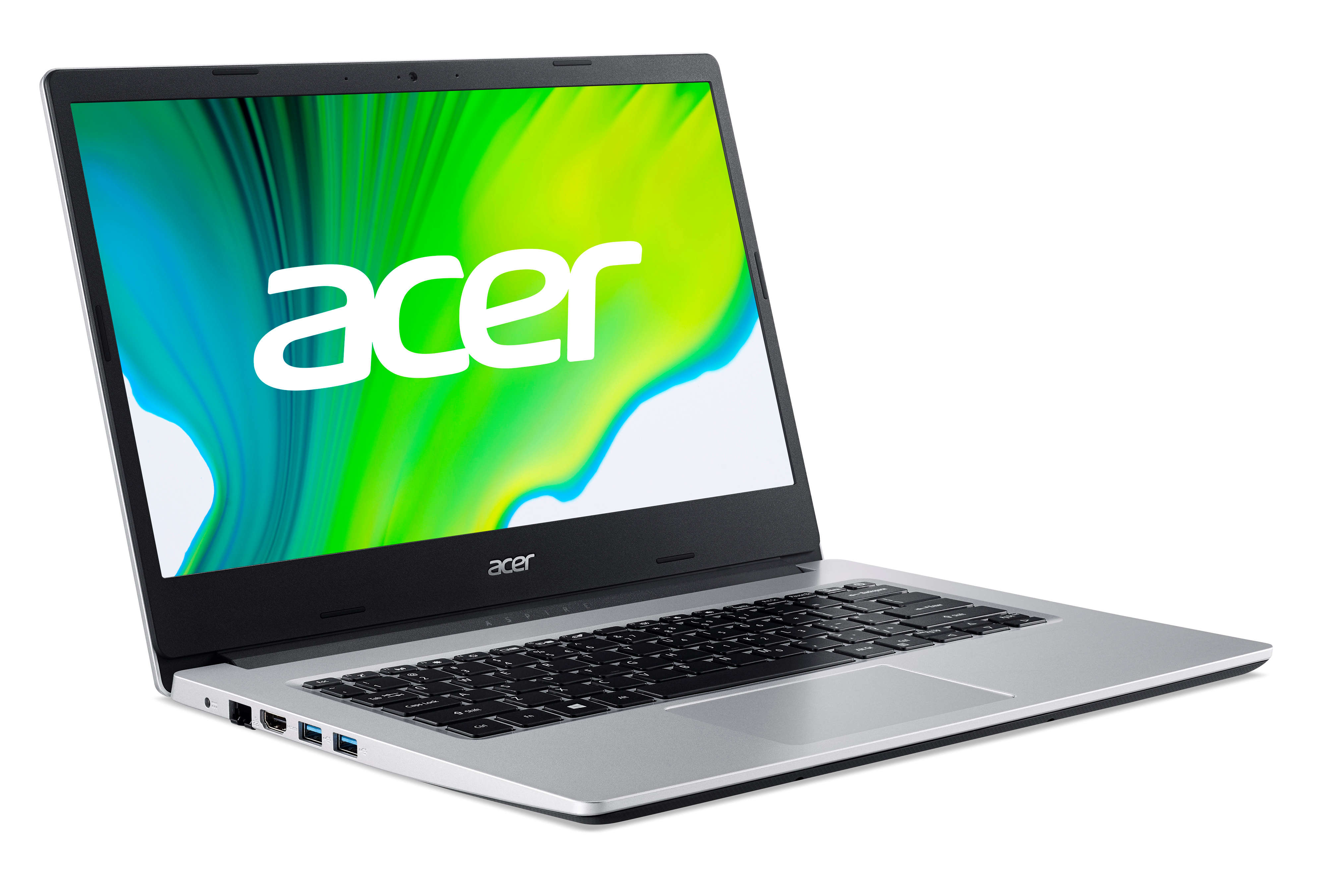 Silberner Acer-Laptop mit beleuchtetem Bildschirm, der einen grün-gelben Spritzer zeigt. Auf weißem Hintergrund.