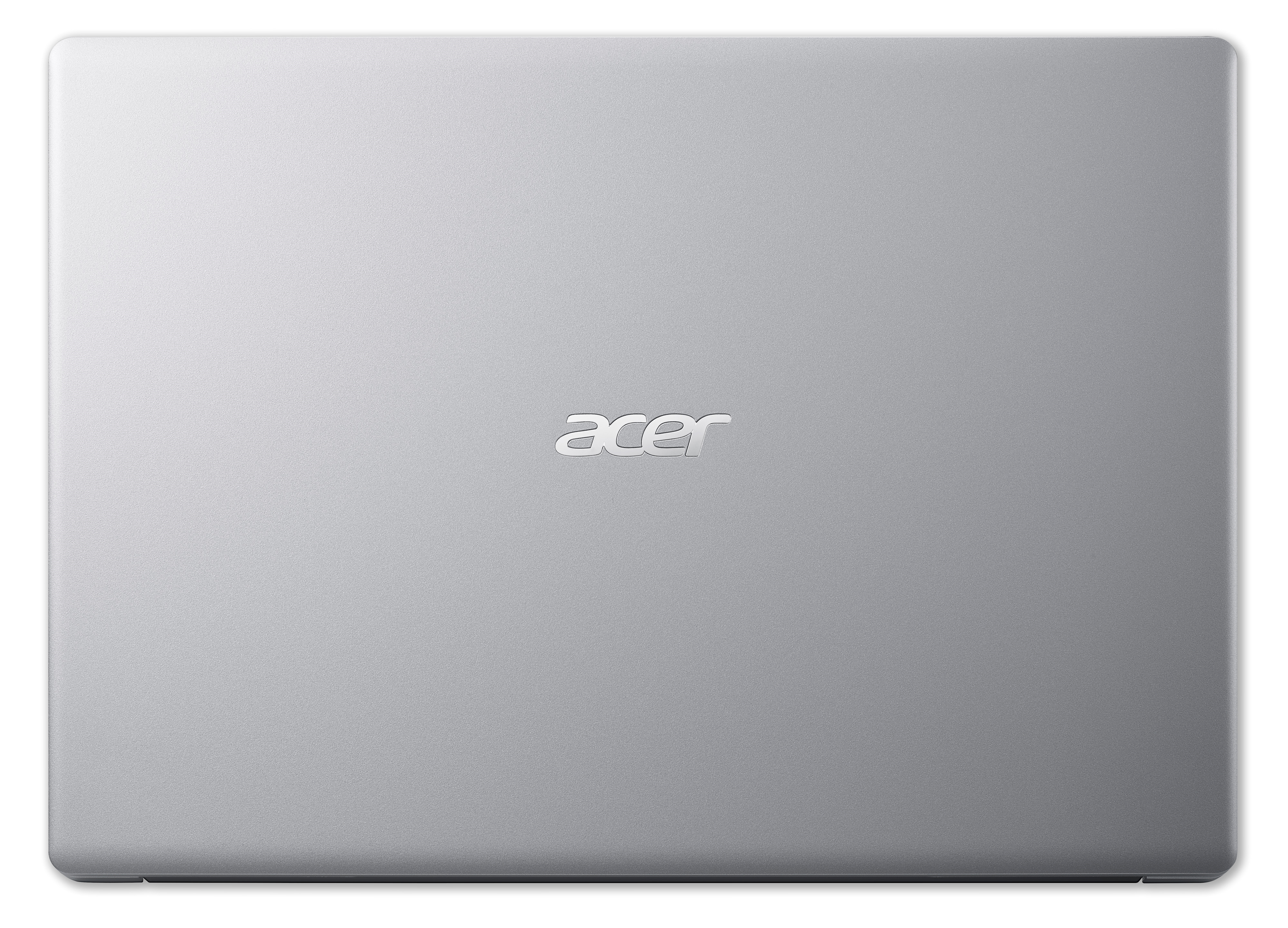 Silberner Acer Laptop mit Acer Logo auf dem Deckel, auf weißer Oberfläche.