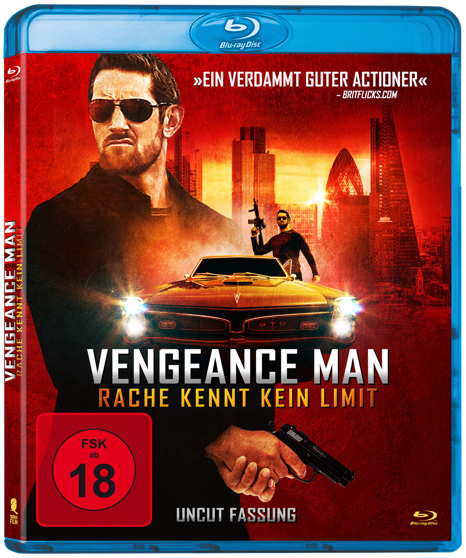 Vengeance Man Blu-ray Disc Cover. Ein Mann mit einer Waffe und ein Auto sind abgebildet.