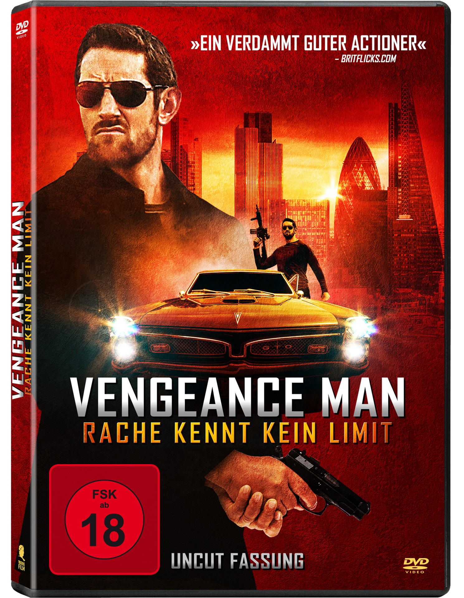 DVD-Cover des Films 'Vengeance Man' mit einem Mann mit einer Waffe und einem Auto.