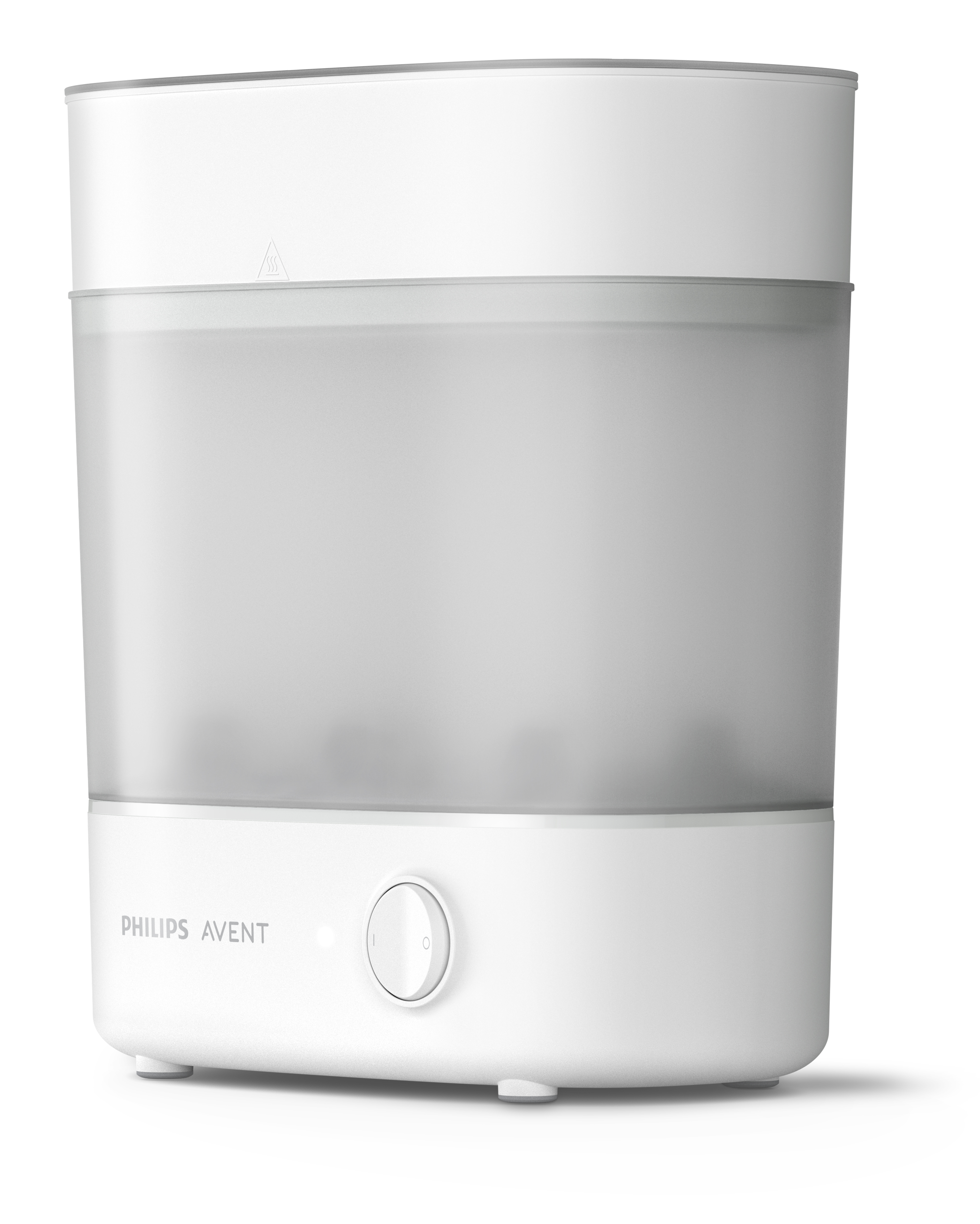 Weißer Philips Avent Babyflaschensterilisator. Das Gerät ist weiß mit klarer Oberseite.