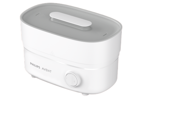 Ein weißer Philips Avent Babyflaschensterilisator, mit Deckel und Drehknopf vorn.