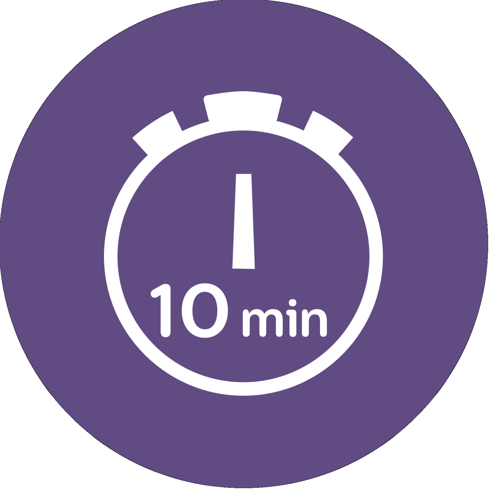 Weißes Stoppuhrsymbol mit Uhr und 10 Minuten Text auf einem lila Kreis Hintergrund.