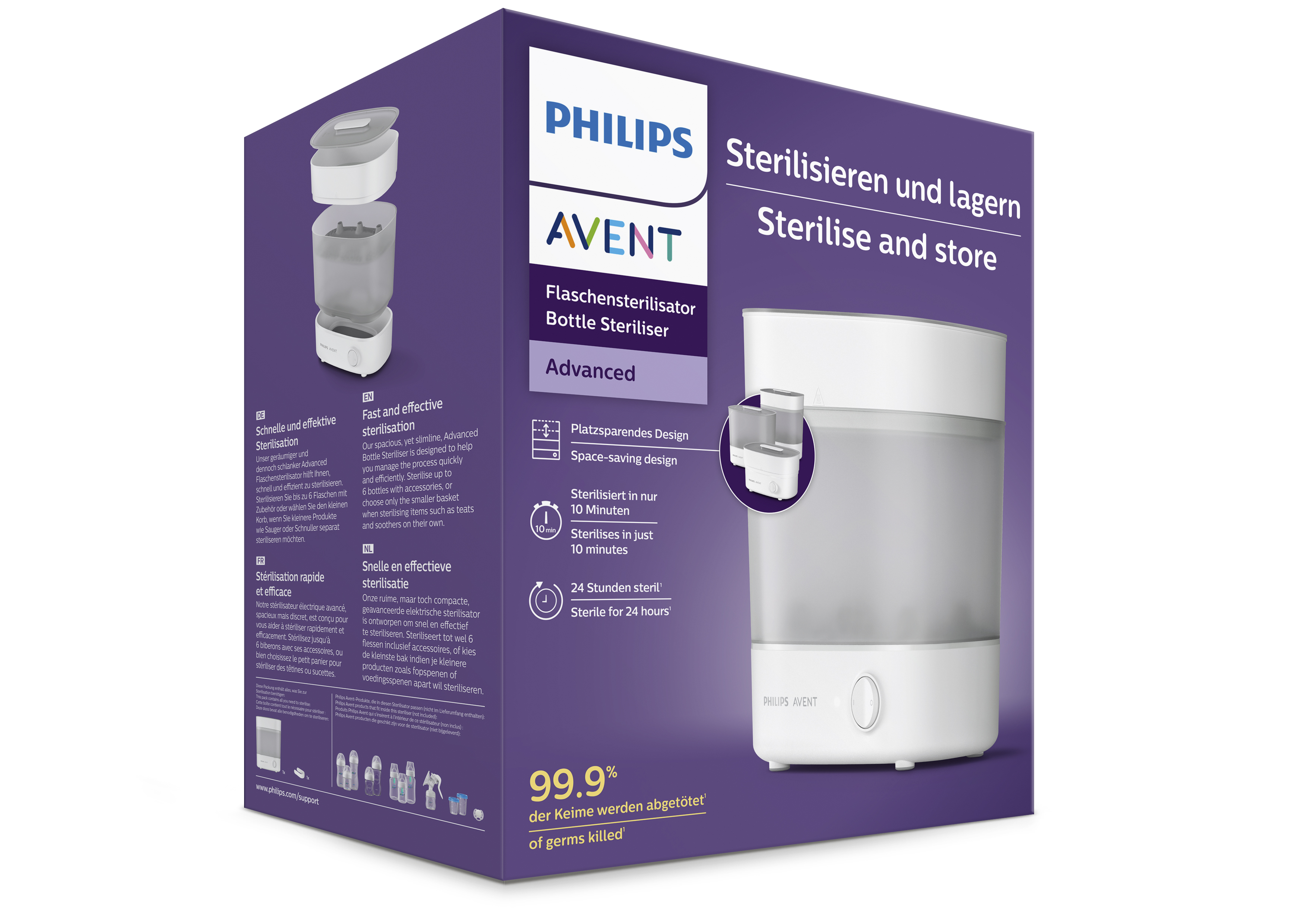 Weiße Philips Avent Flaschensterilisator-Box, Produkt mit Text und Bildern zeigend.