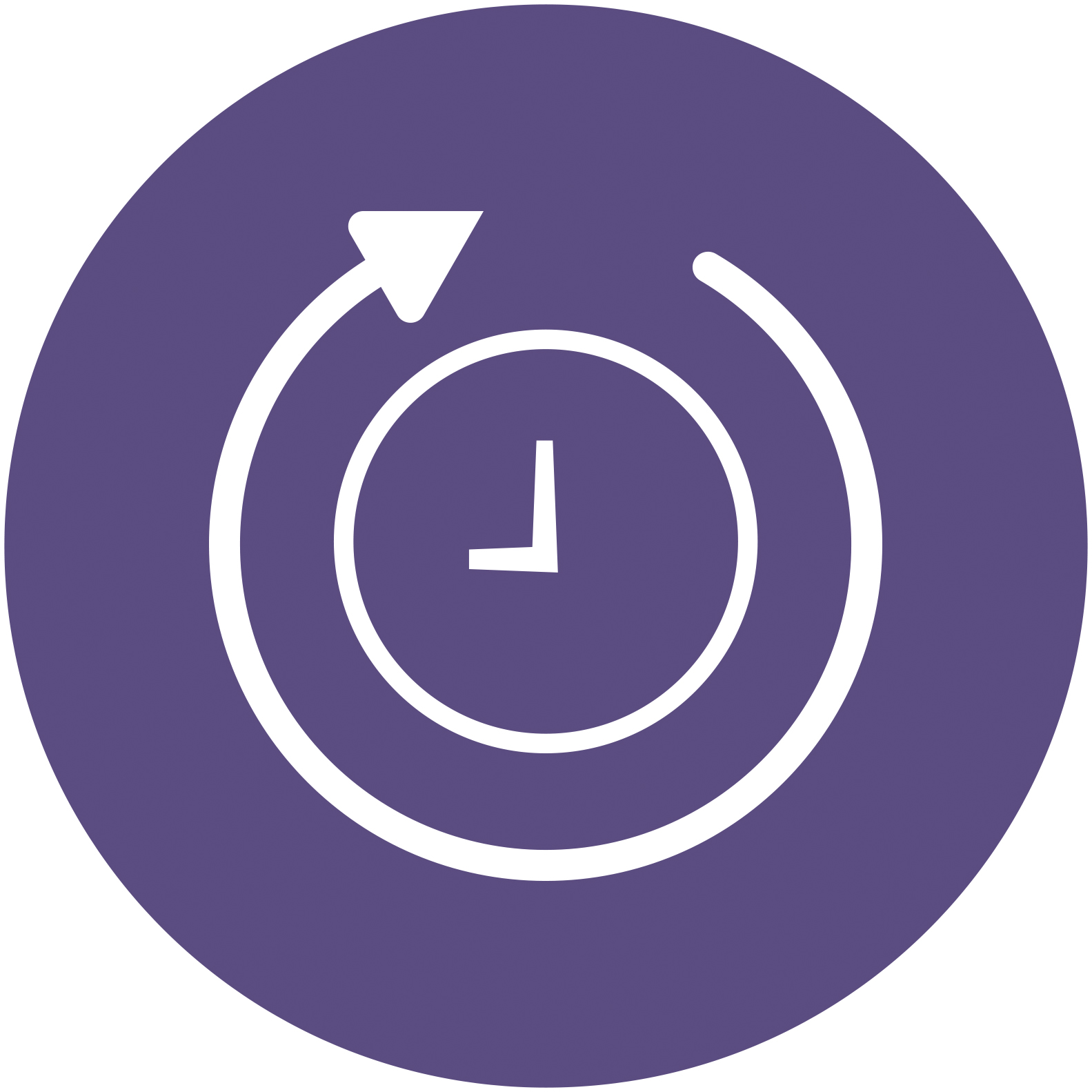 Lila kreisförmiges Symbol mit einem Uhrensymbol in einem kreisförmigen Pfeil, der Zeit und Wiederholung anzeigt.