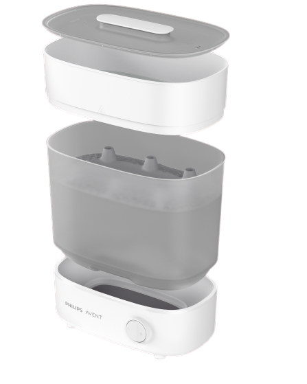Weißer, zerlegter Babyflaschensterilisator mit Teilen.