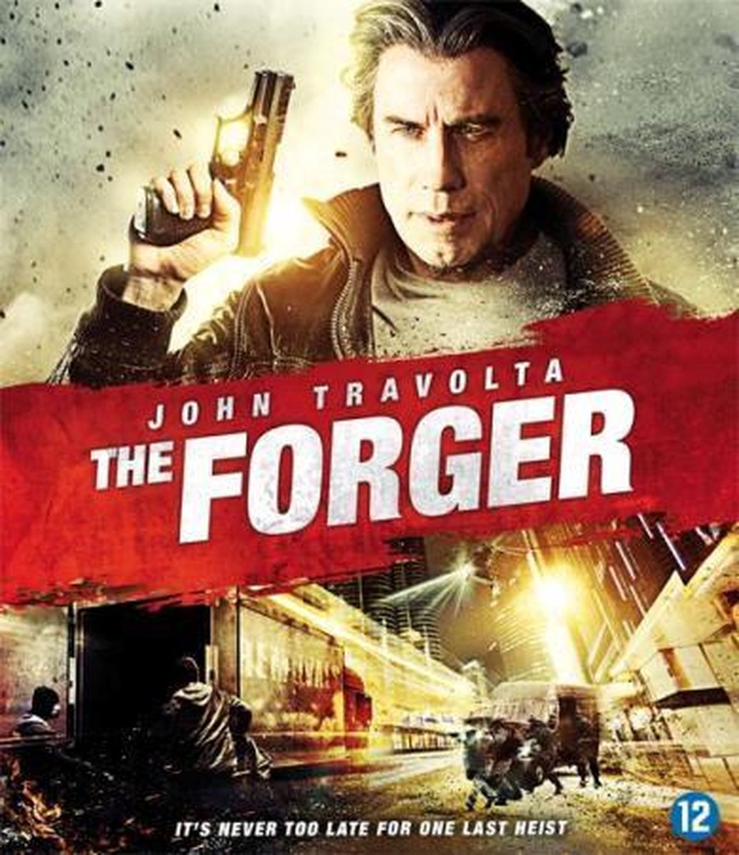 Couverture du film The Forger. John Travolta avec un pistolet, fond flou de scène urbaine.