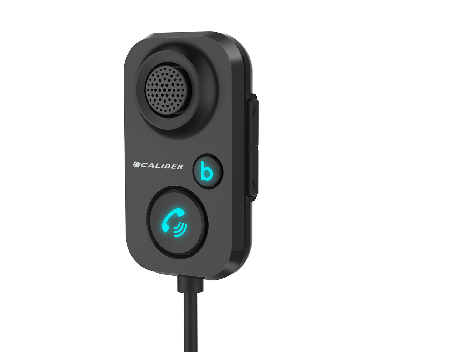 Black Caliber Bluetooth car kit. Features a microphone, call button, and a blue light.