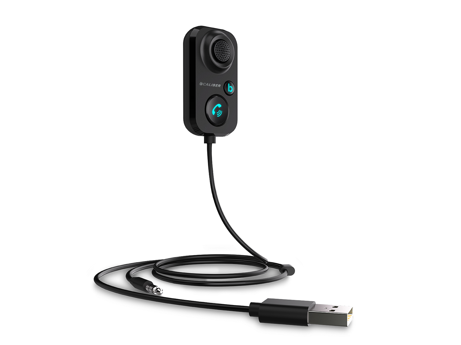 Black Bluetooth headset with microphone and USB cable. Black background.