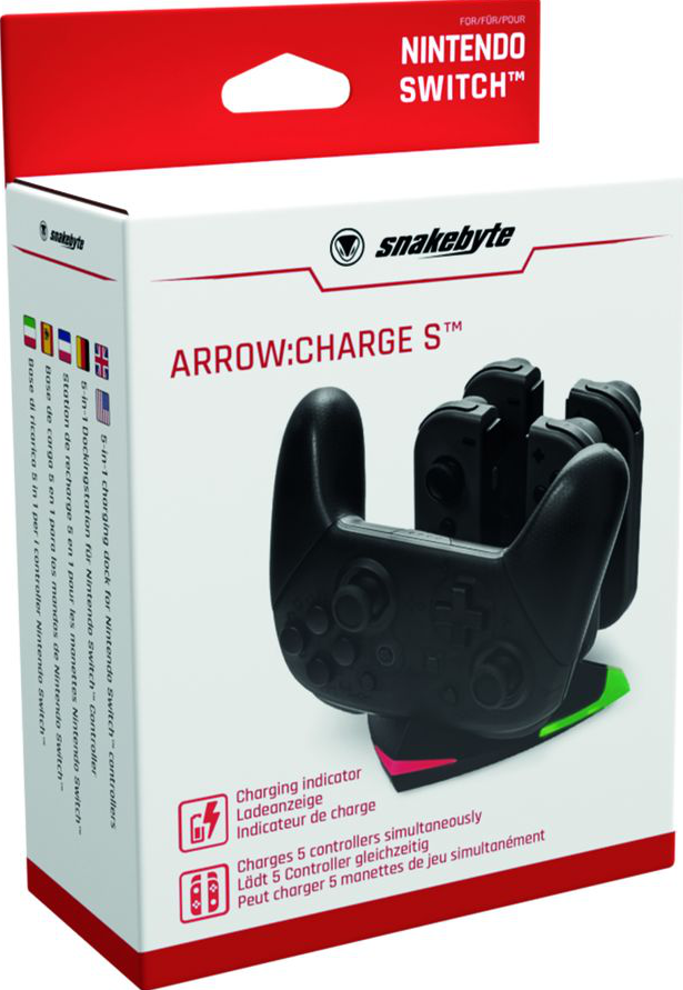 Box für ein Nintendo Switch Controller-Ladegerät. Zeigt ein schwarzes Ladegerät mit Controllern.