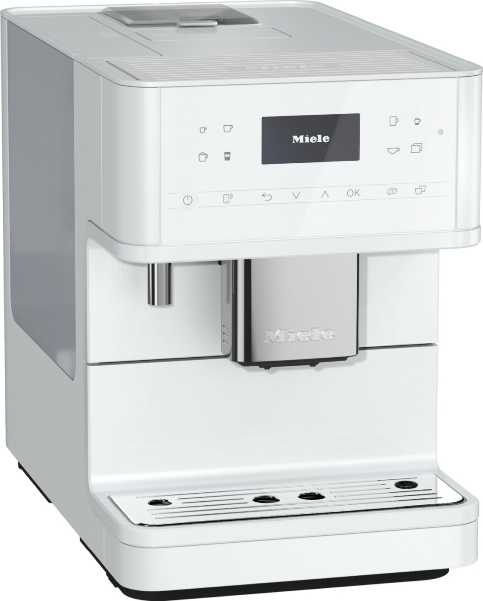 Weiße Miele Kaffeemaschine mit schwarzem Bildschirm und Knöpfen, Chrom-Dispenser.