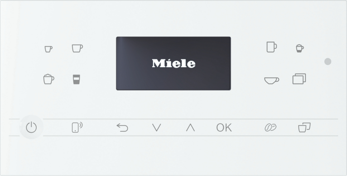 Ein weißes Gerätebedienfeld mit Tasten und einem schwarzen Bildschirm mit 'Miele'. Symbole sind ebenfalls vorhanden.