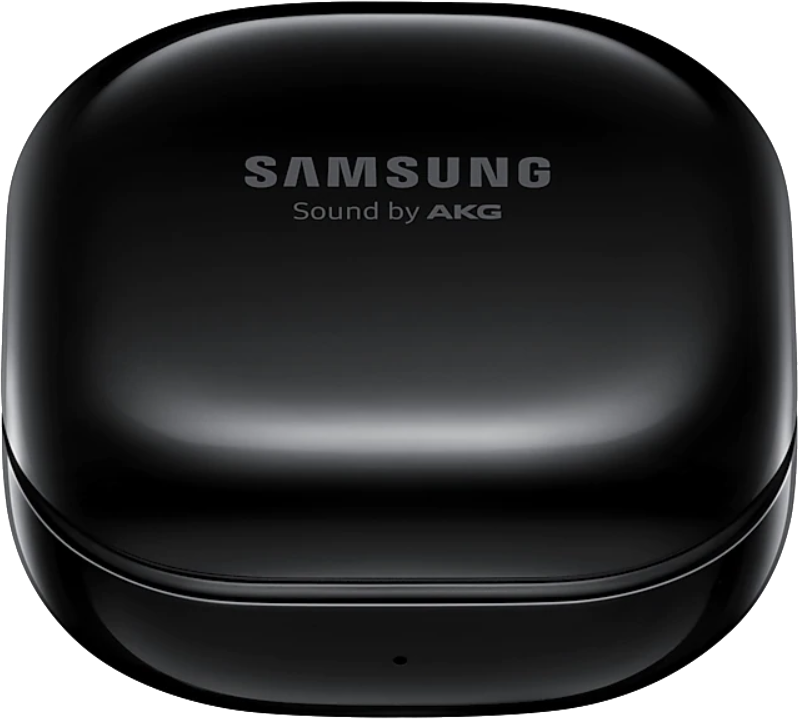 Fekete Samsung Galaxy Buds tok. A Samsung logója és a Sound by AKG a tokra van nyomtatva.