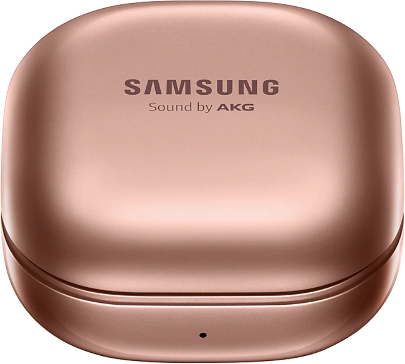 Egy rózsaarany Samsung fülhallgató tok. A márkanév a tetején található.