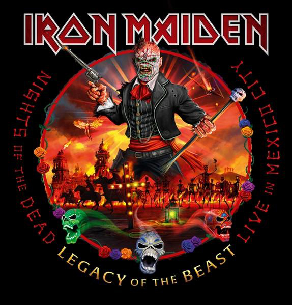 Iron Maiden Albumcover, rote und schwarze Farben, ein Monster mit Waffen.
