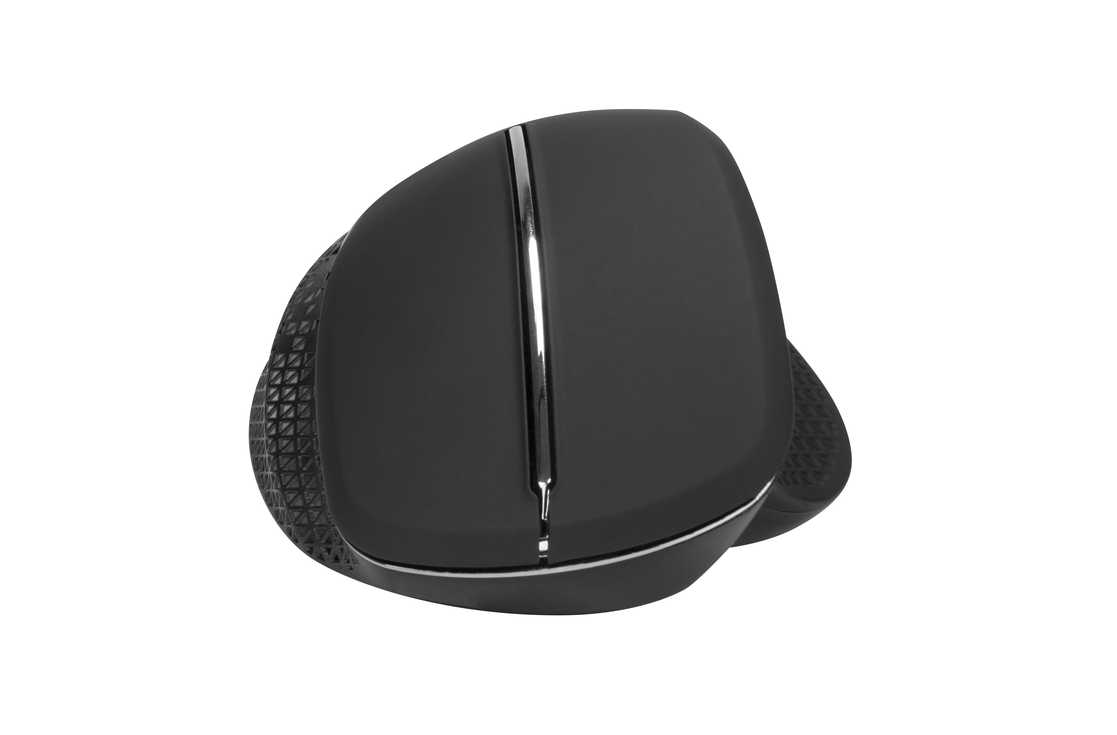 Schwarze ergonomische vertikale Maus. Die Maus hat ein geschwungenes Design und eine strukturierte seitliche Grifffläche.
