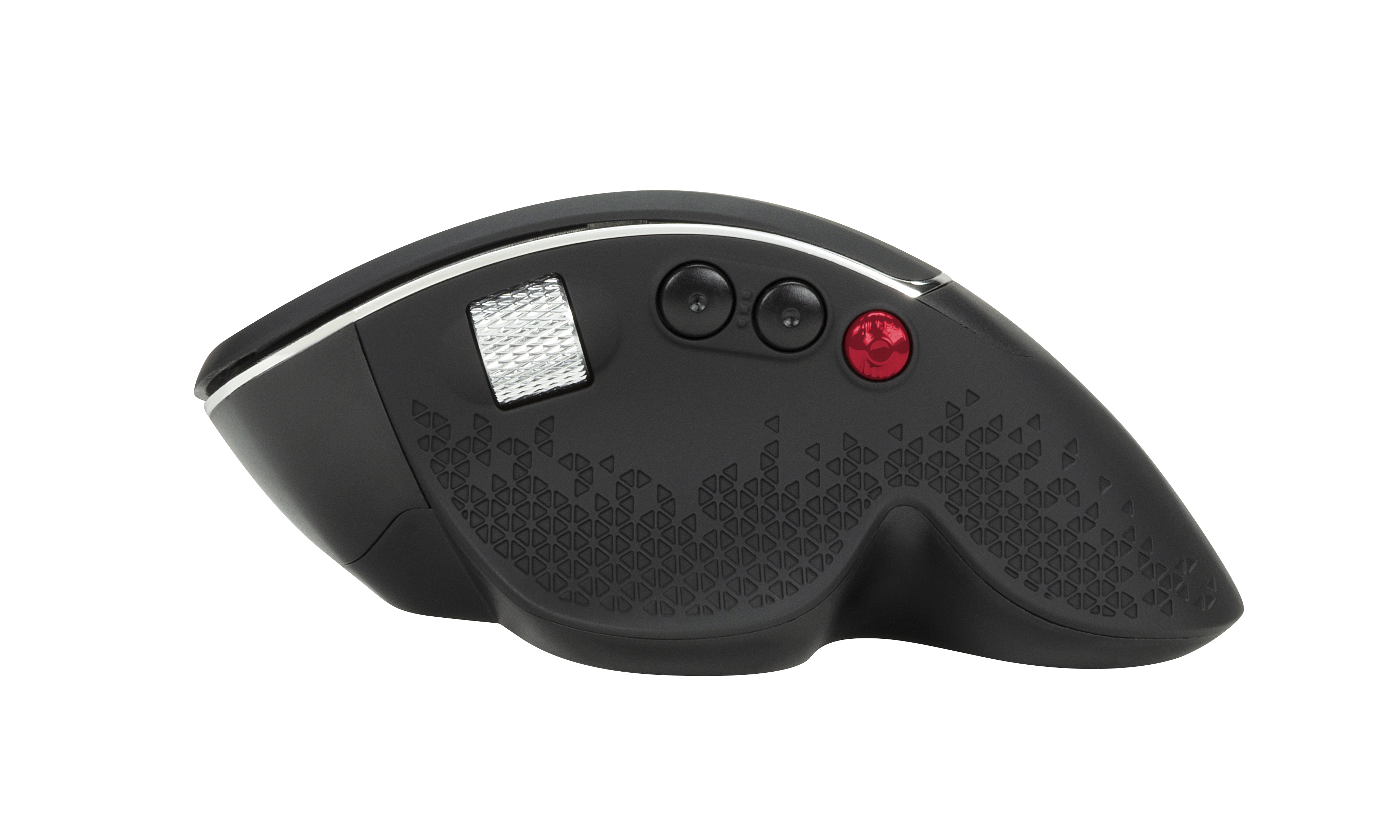 Schwarze Gaming-Maus mit strukturierter Grifffläche. Sie hat zwei Tasten und ein rotes Scrollrad.