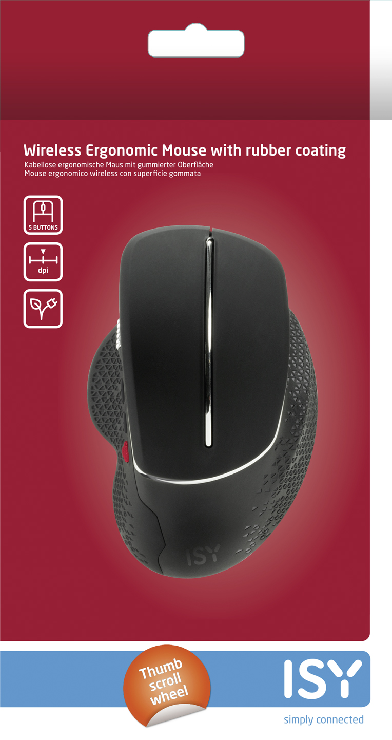 Schwarze ergonomische Maus in Verpackung. Roter Hintergrund. Text auf Deutsch und Englisch. Seitenansicht.