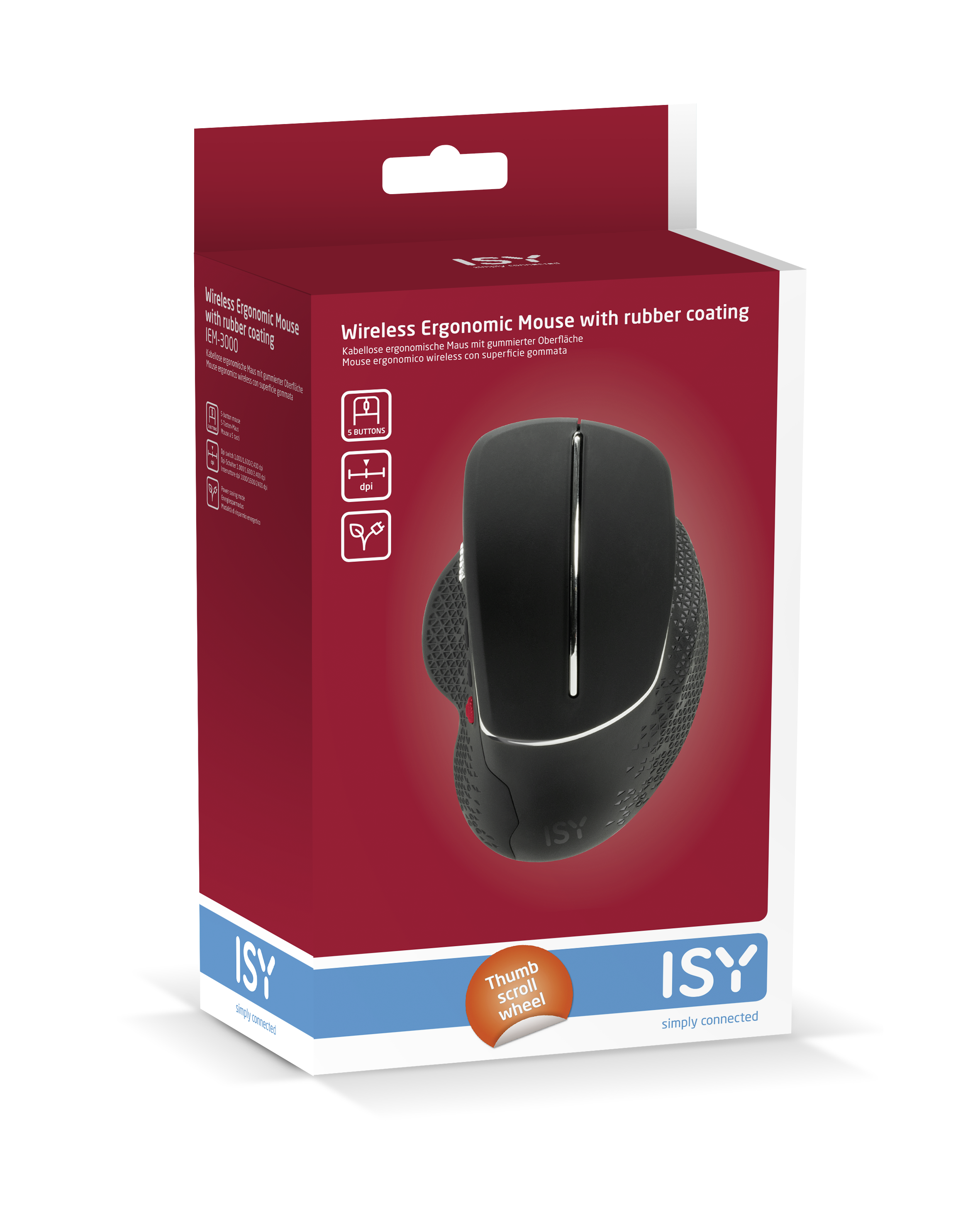 Kabellose ergonomische Maus in einer Box, schwarz und grau, mit Daumenauflage.