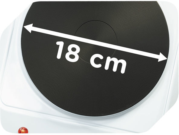 Gros plan d'une plaque de cuisson blanche avec un élément chauffant noir, mesure 18 cm.