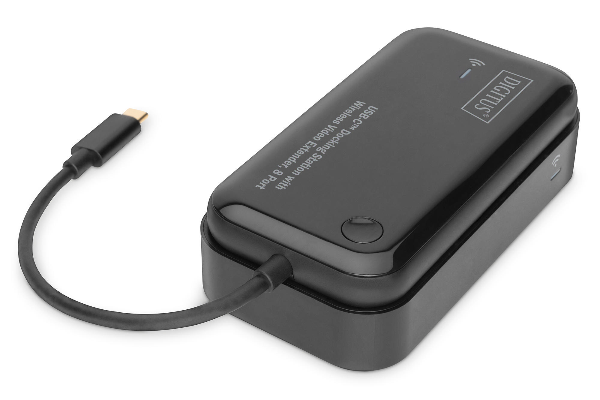 Ein schwarzes Gerät mit Kabel. Es trägt die Aufschrift 'USBC Docking Station' und das 'digitus'-Logo.