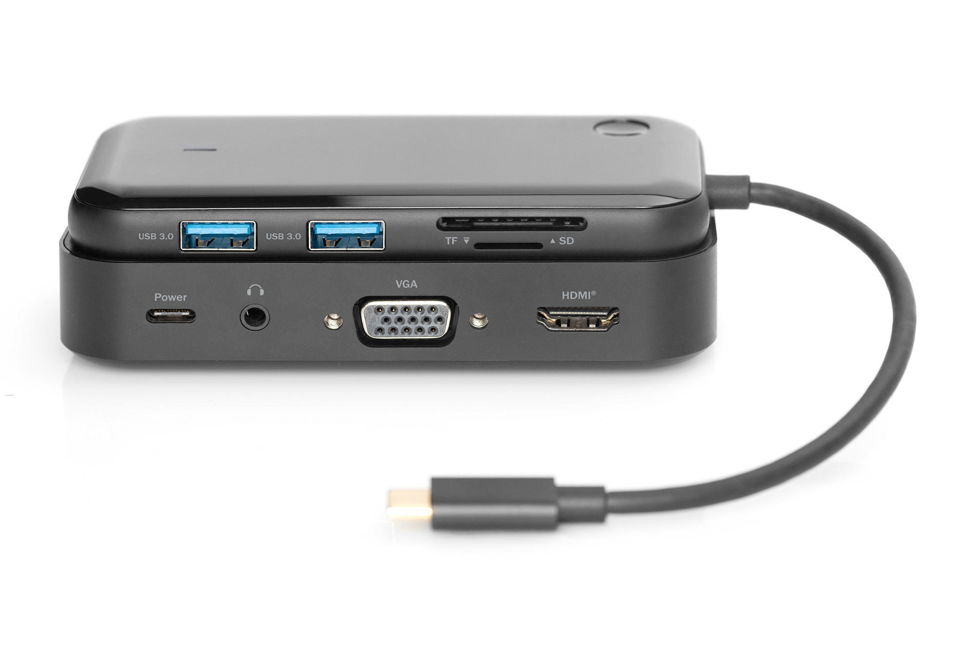Schwarzer Hub mit mehreren Anschlüssen, einschließlich USB, HDMI und Stromeingang.