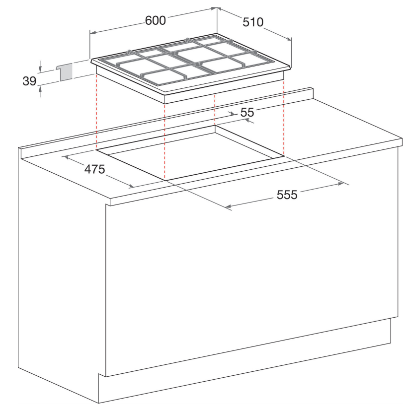 Gáztűzhely diagramja méretekkel. A főzőlapot és a kivágott helyet mutatja.