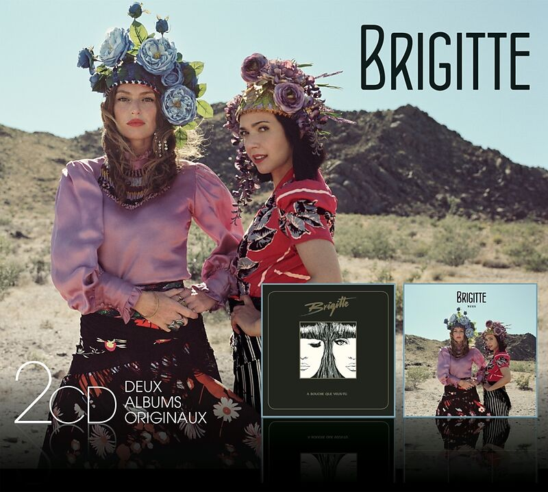 Brigitte albumhoes. Twee vrouwen met bloemenkransen in de woestijn.