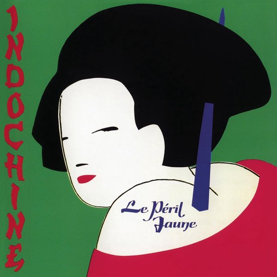 Pochette d'album avec une femme de style geisha et texte en vert, rouge et bleu.