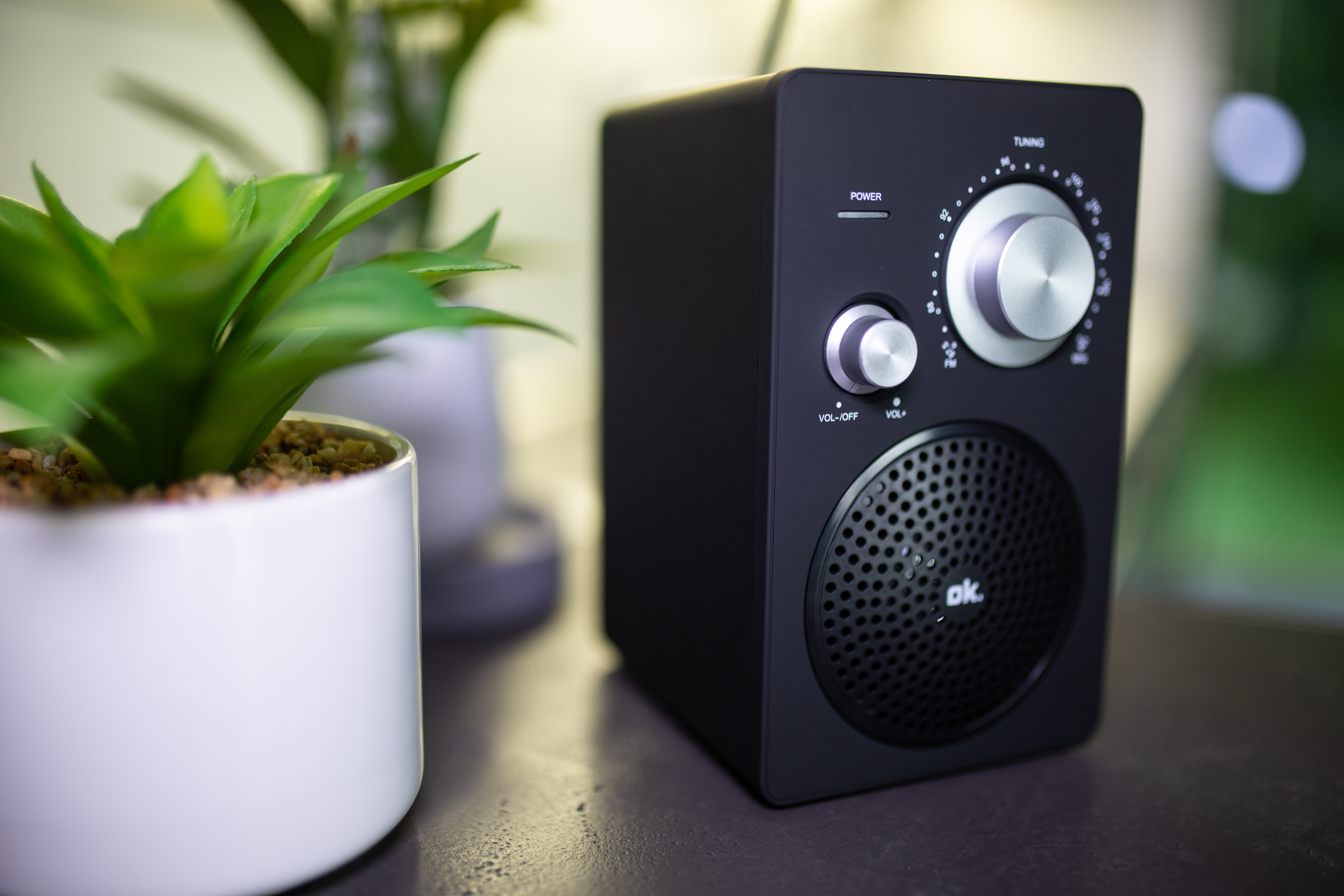 Schwarzes Radio auf einer Oberfläche. Grüne Pflanze links. Silberner Knopf und Lautstärketaste.