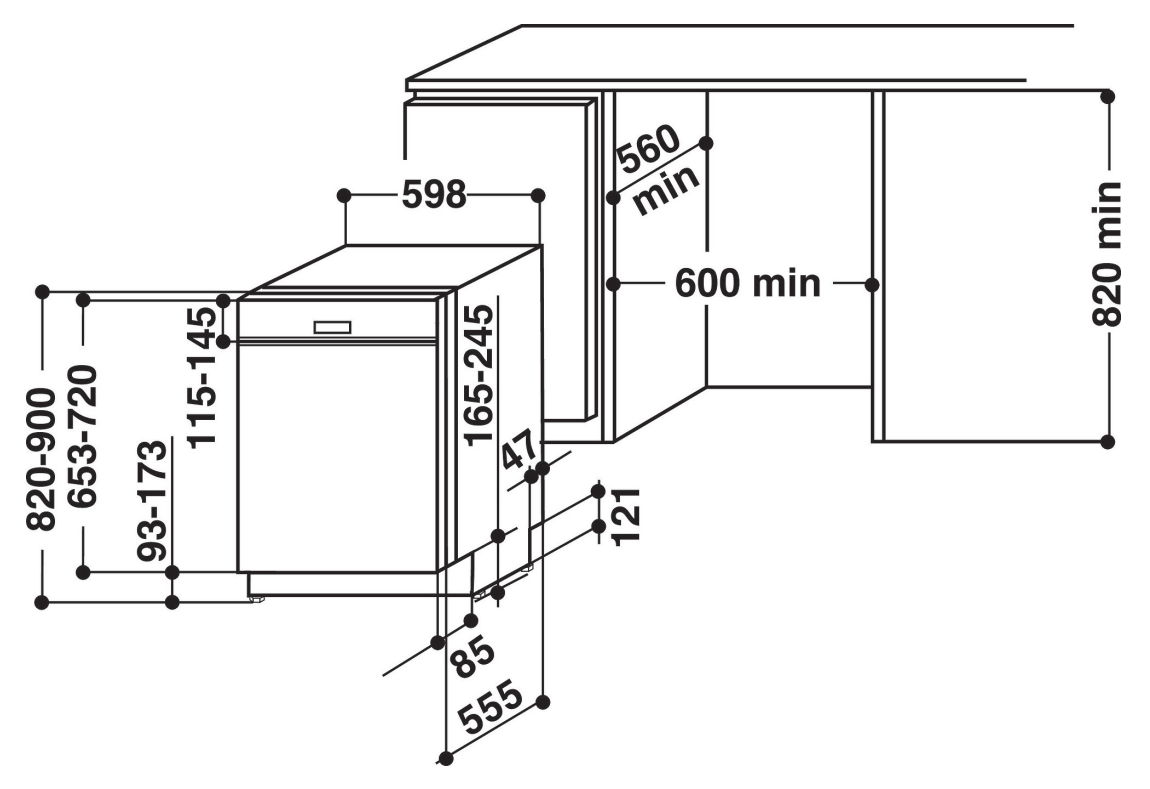 Mosogatógép diagramja méretekkel és dimenziókkal. Vonalakat és számokat tartalmaz.