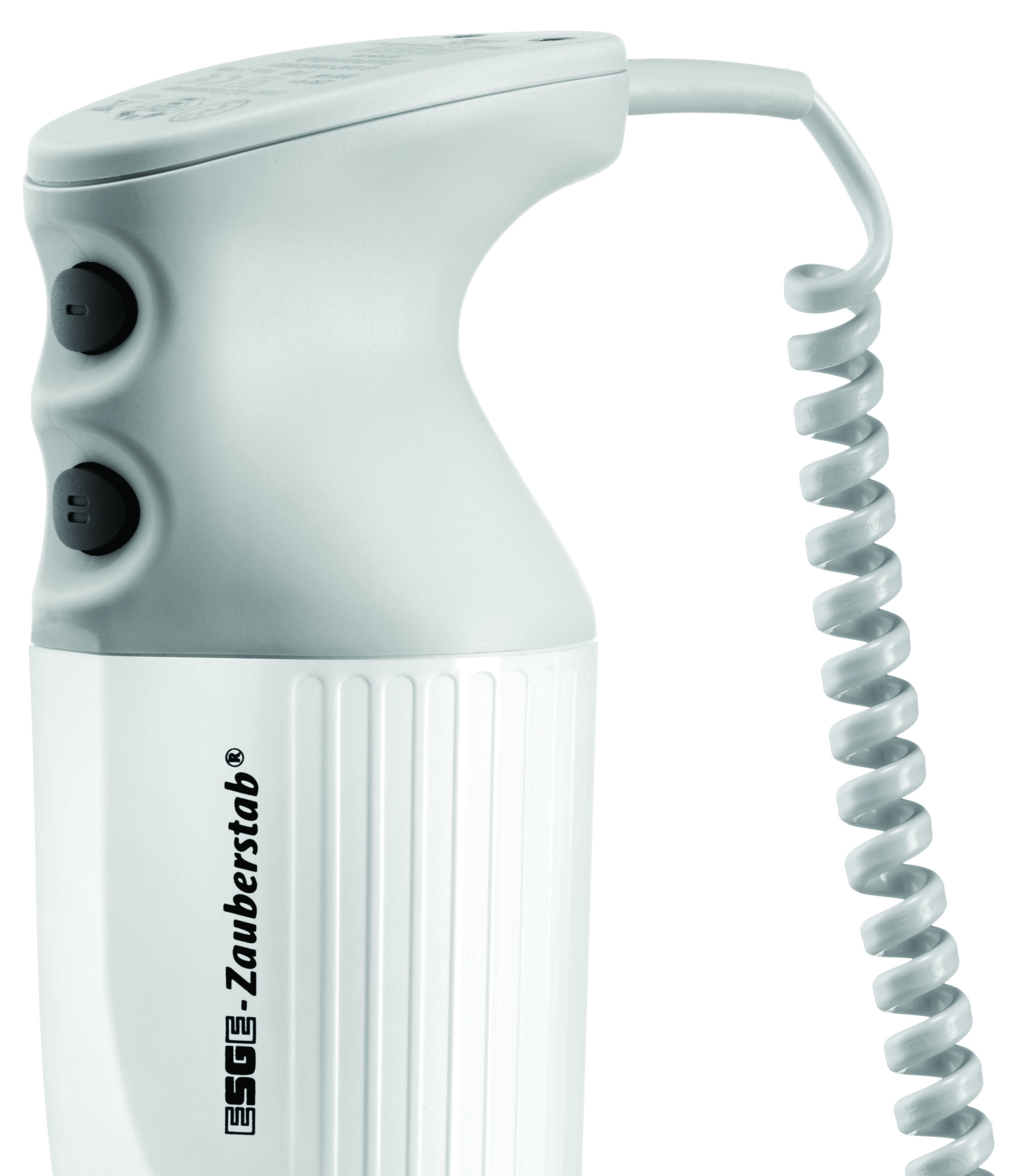 Ein Stabmixer mit weißem Gehäuse, grauem Griff und einem gewendelten grauen Kabel. Das Logo lautet 'ESGE-Zauberstab'.