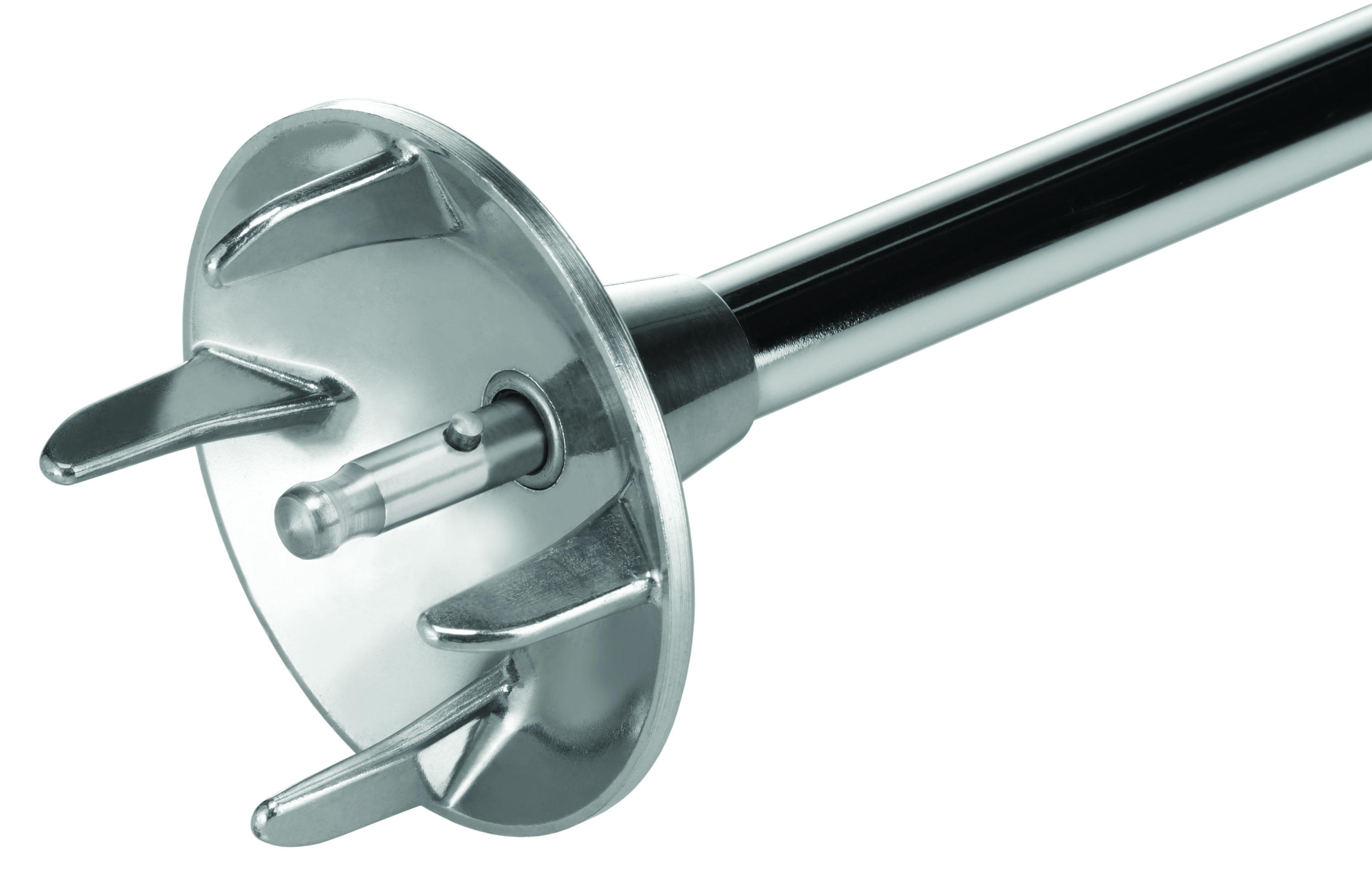 Nahaufnahme eines silbernen Aufsatzes für einen Stabmixer.