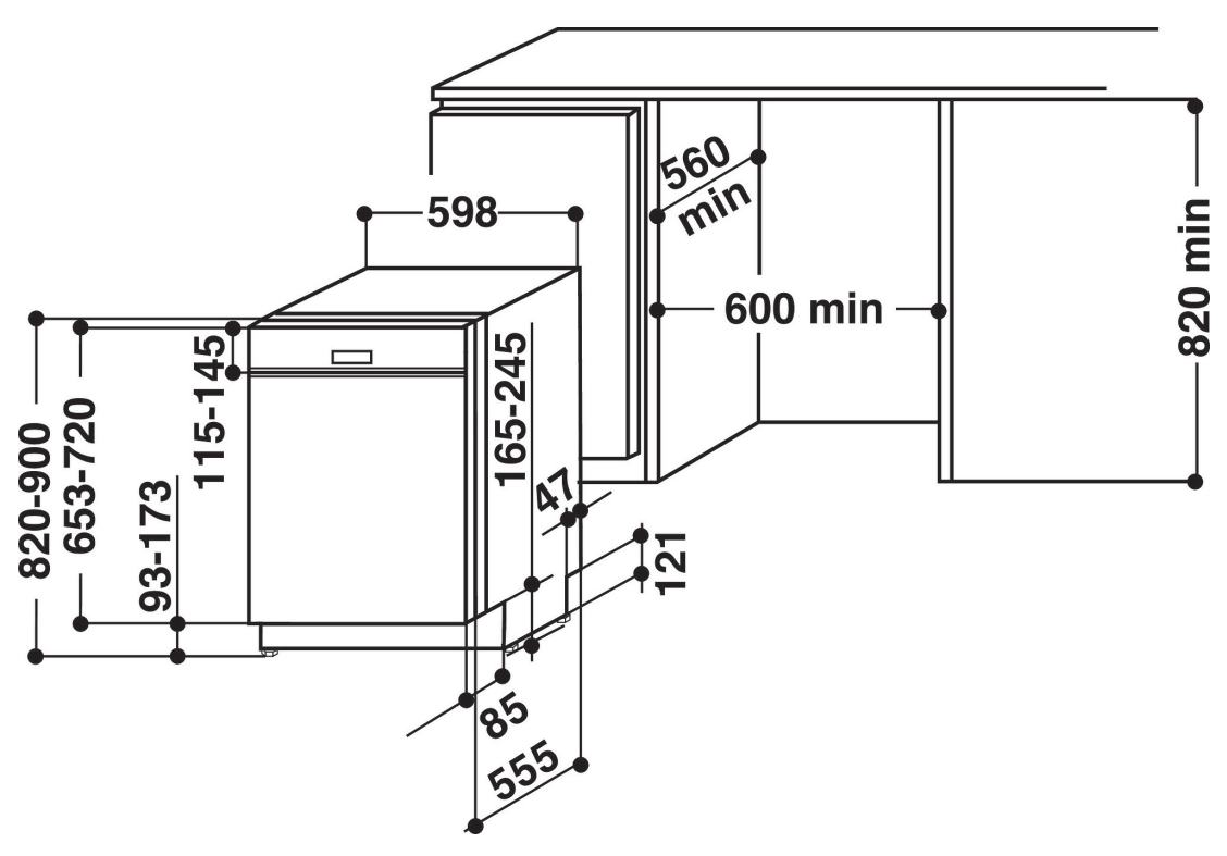 Mosogatógép méretei. Feliratozott diagramm mm-ben megadott méretekkel. Fehér háttér.