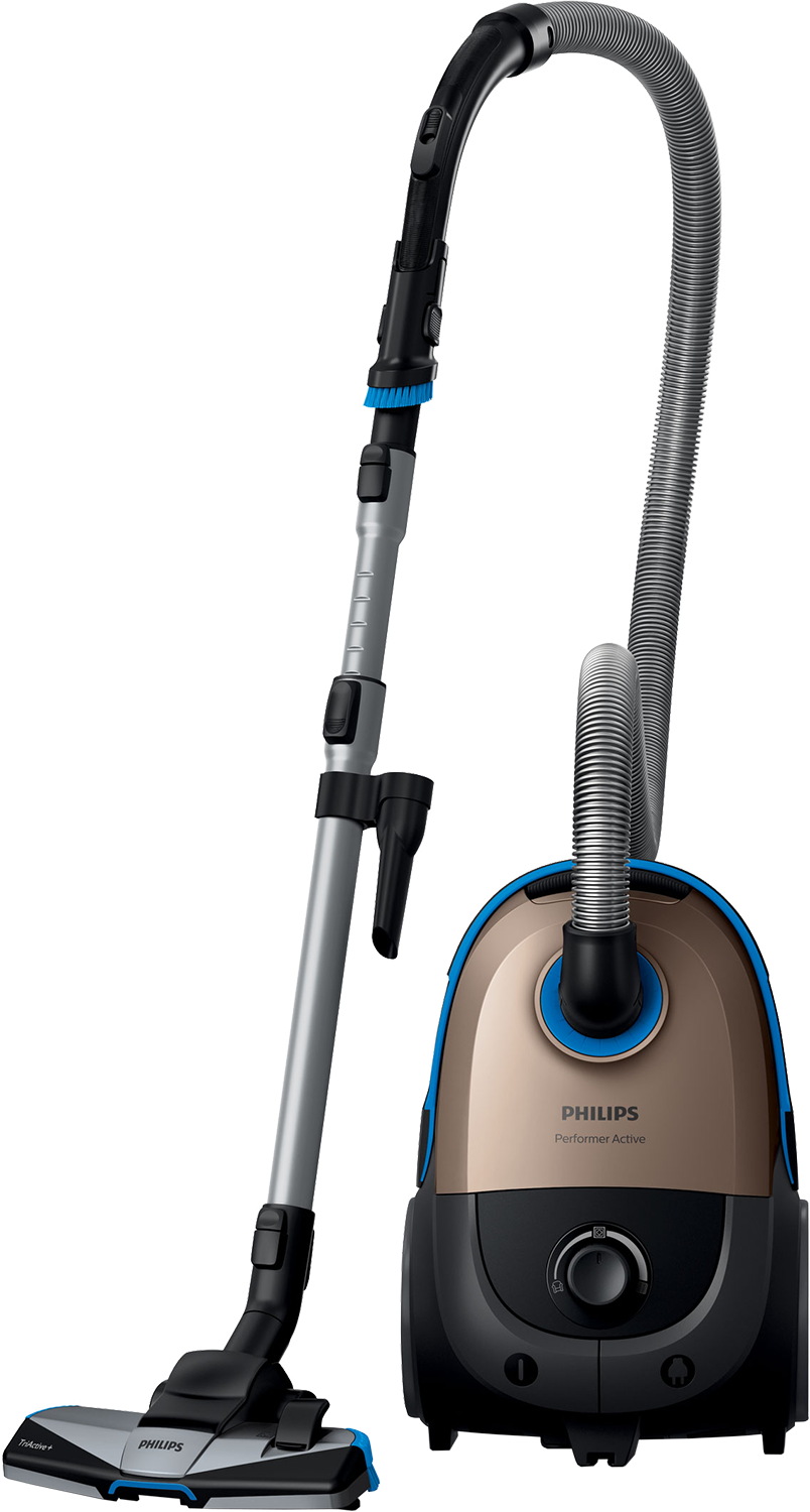 Philips stofzuiger, brons en zwart, met slang en mondstuk.