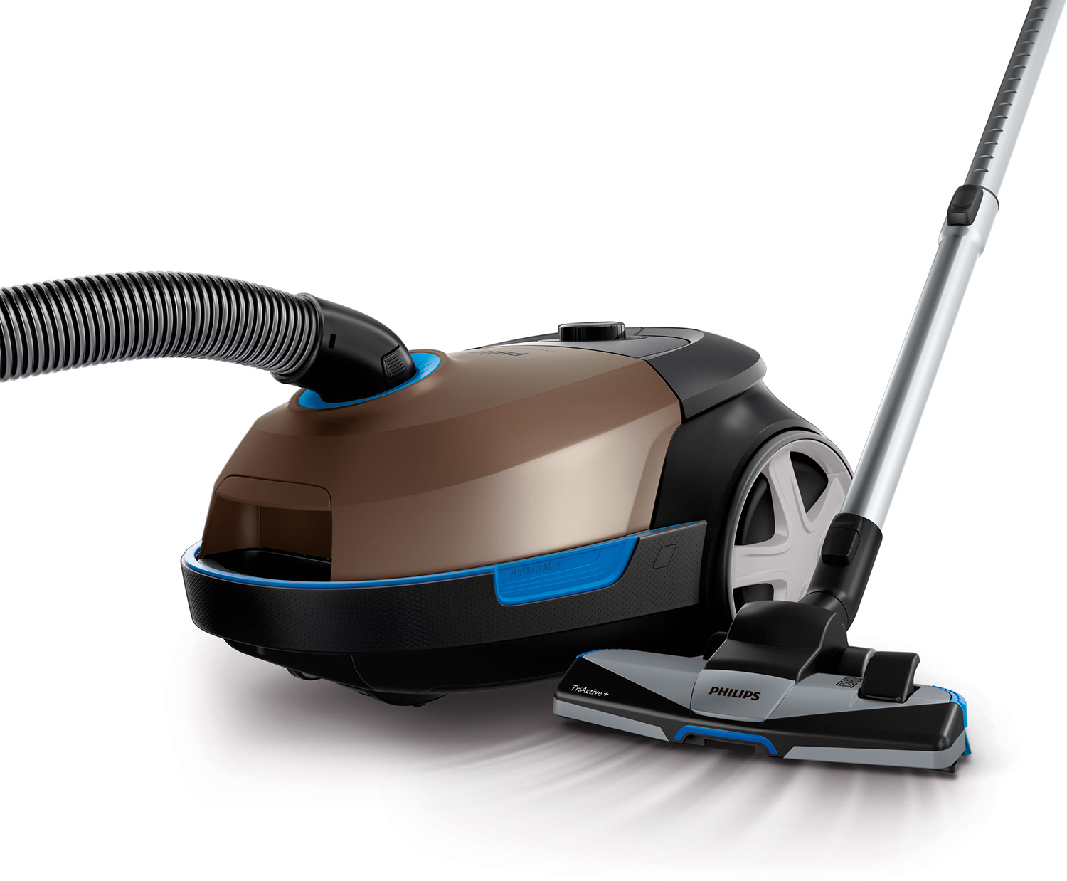 Bruine en zwarte Philips stofzuiger. Heeft een slang, wielen en een reinigingskop.