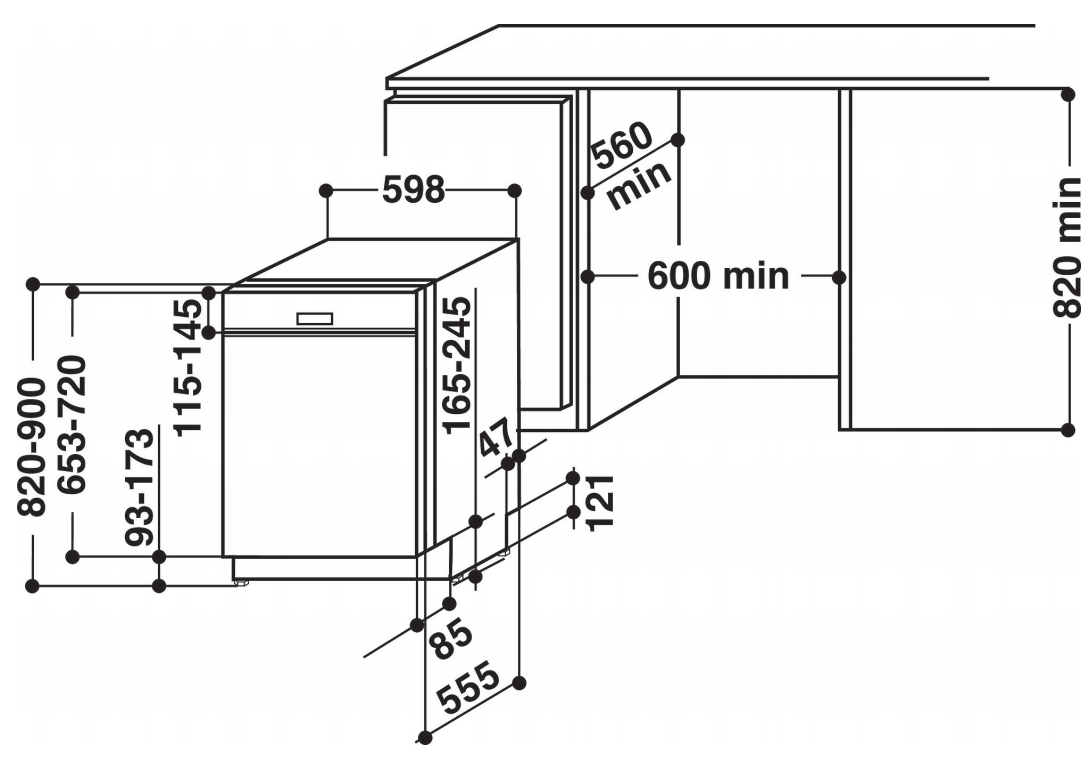 Beépített mosogatógép diagramja. Méreteket és elhelyezést mutat a szekrényben.