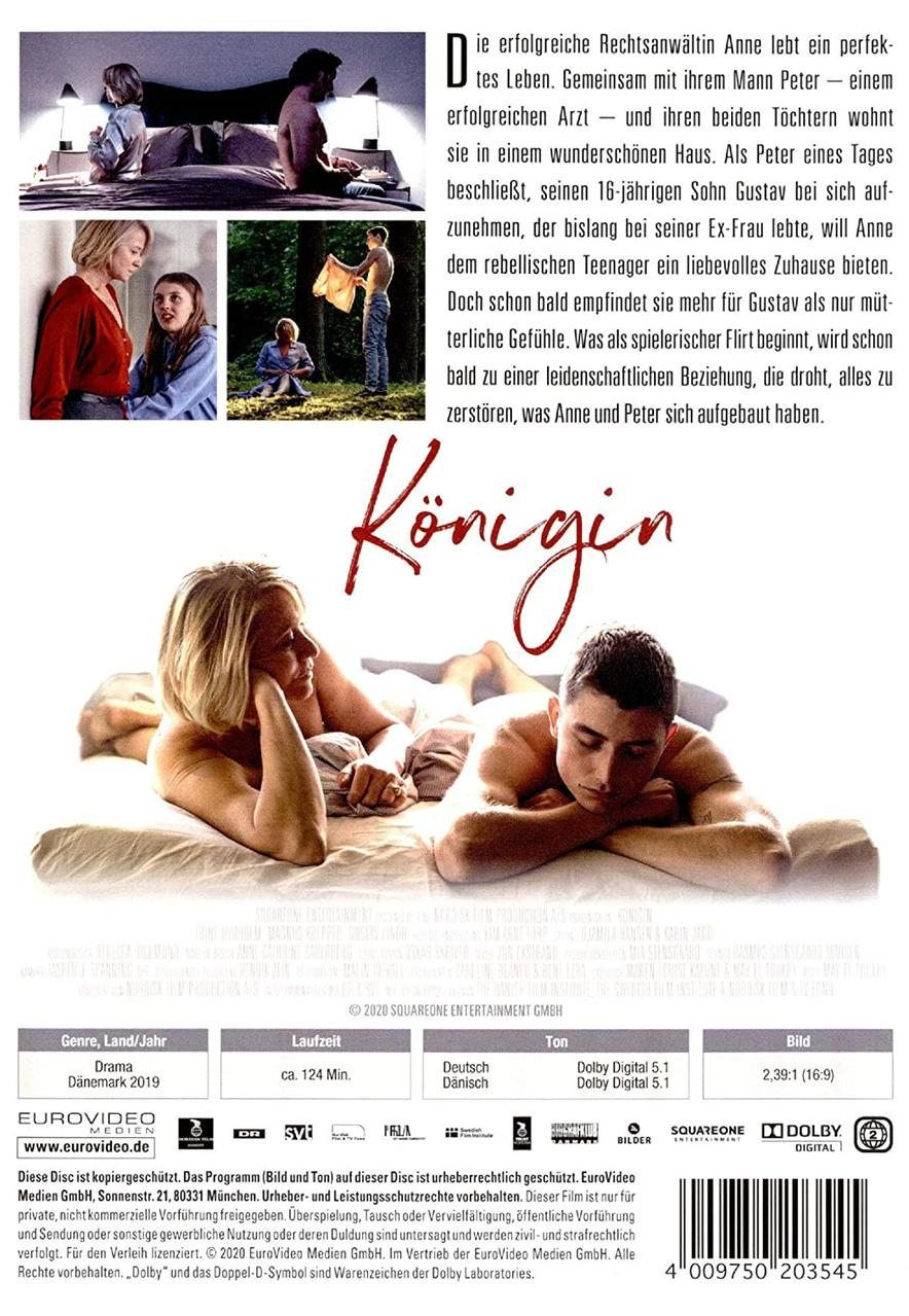 DVD-Hülle. Zwei Personen liegen auf einem Bett. Text im Hintergrund. Filmtitel ist 'Königin'.
