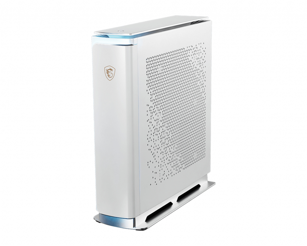 Una caja de PC blanca con base plateada y logo dorado en el lateral.